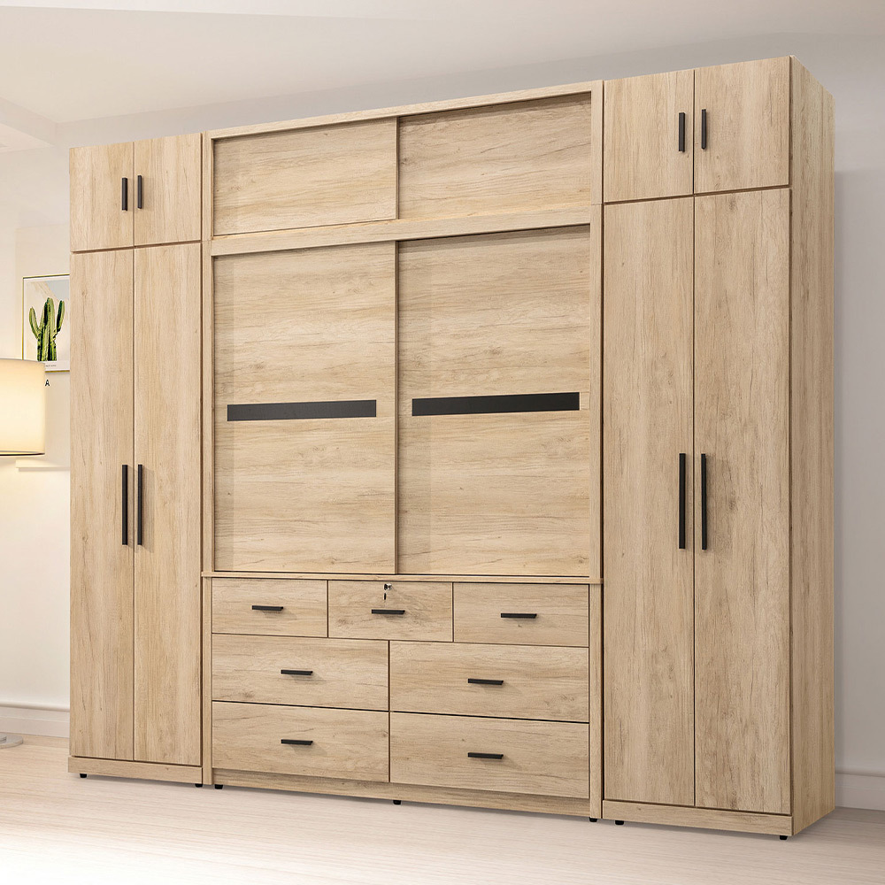 艾加9.1尺加高型多功能收納衣櫃組合-內附側拉鏡(單吊桿衣櫃+推門衣櫃+雙吊桿衣櫃+棉被櫃)