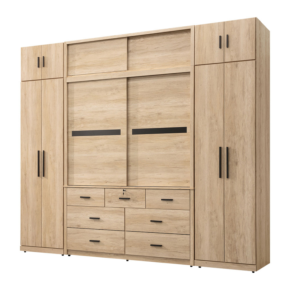 艾加9.1尺加高型多功能收納衣櫃組合-內附側拉鏡(單吊桿衣櫃+推門衣櫃+雙吊桿衣櫃+棉被櫃)