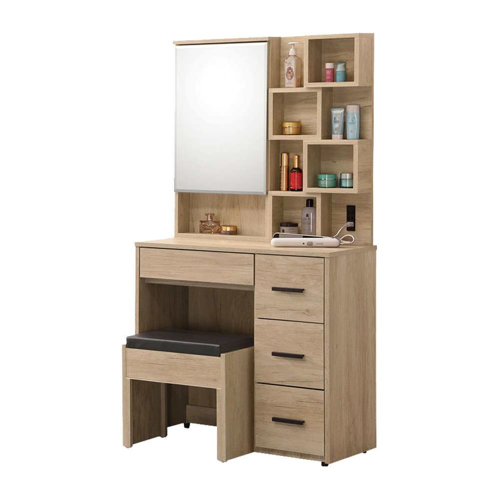 艾加2.7尺化妝桌/開門式鏡台/梳妝台(附收納化妝椅)