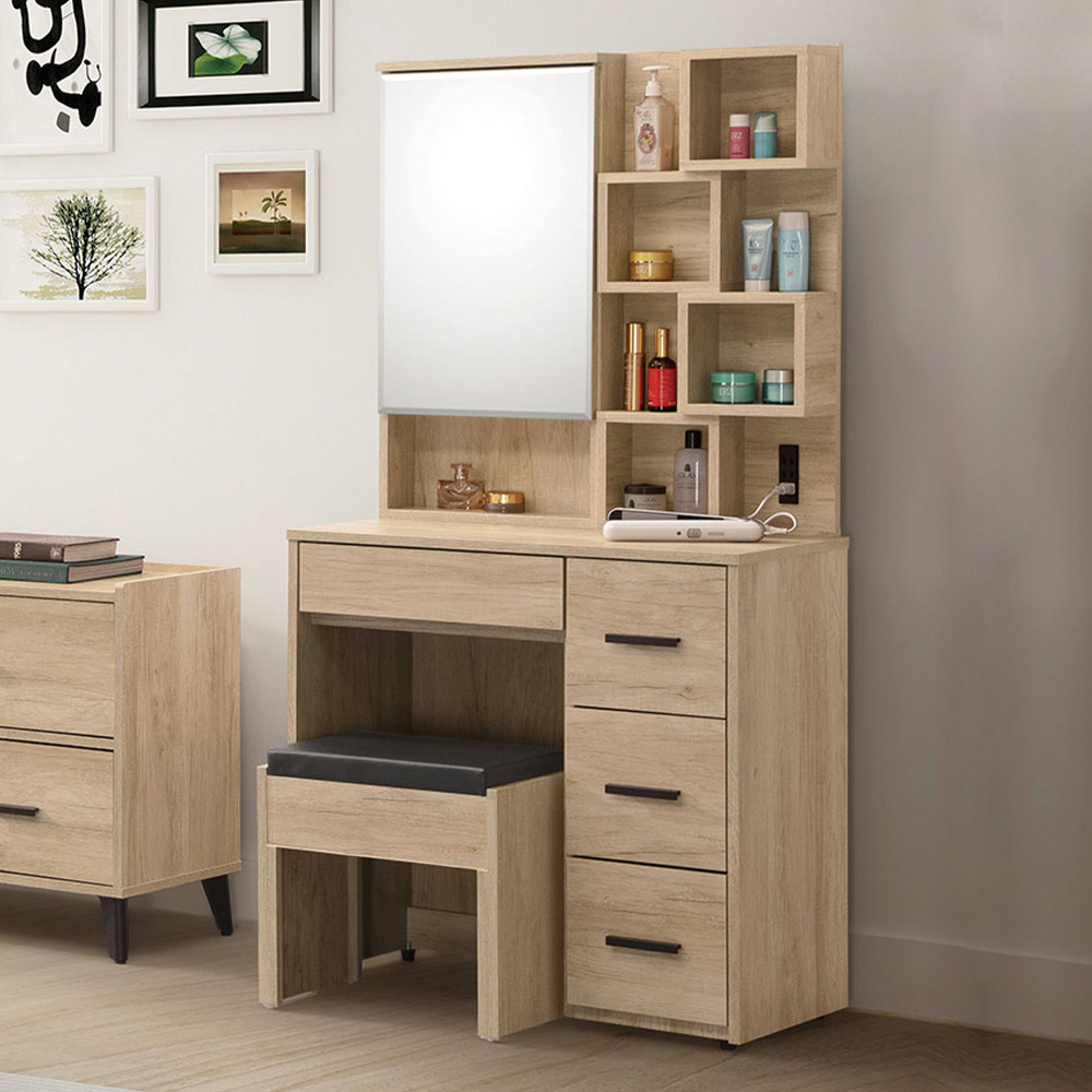 艾加2.7尺化妝桌/開門式鏡台/梳妝台(附收納化妝椅)