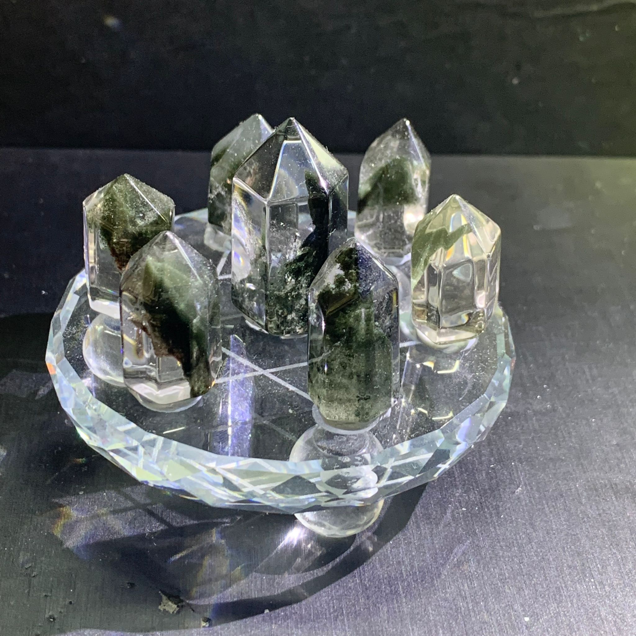 綠幽靈晶柱七星陣連玻璃底座