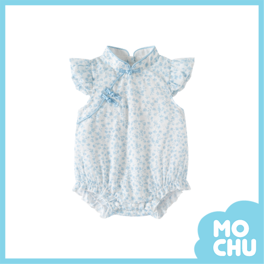 藍碎花旗袍領飛袖包屁衣