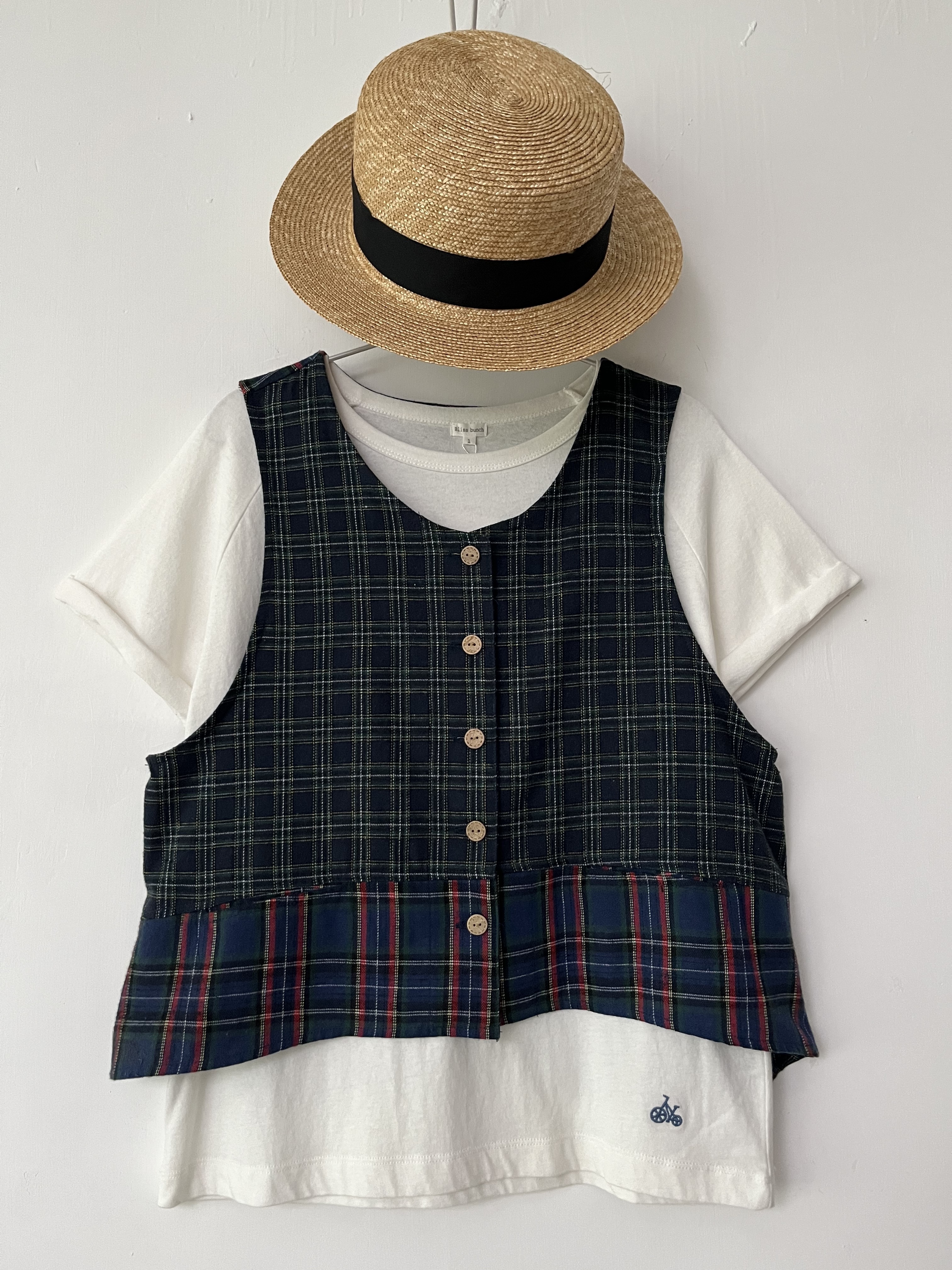 藍色拼布格仔背心外套