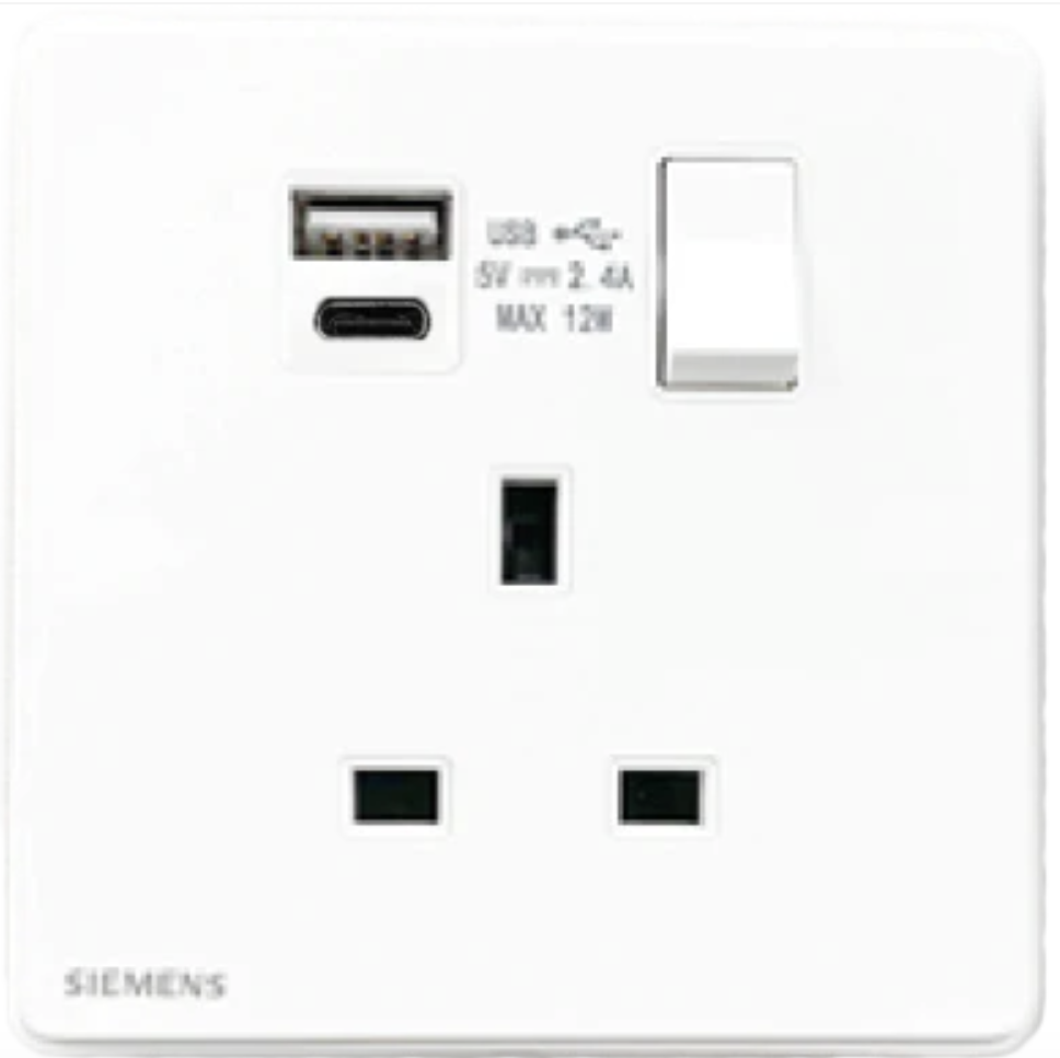 西門子 DELTA®arina 13A 單位單極開關插座(帶USB+TYPE C插座)(冰川白/玫瑰金/永恆灰/香檳金)