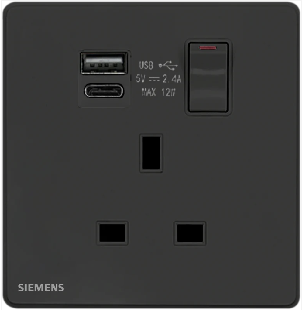 西門子 DELTA®arina 13A 單位單極開關插座(帶USB+TYPE C插座)(冰川白/玫瑰金/永恆灰/香檳金)