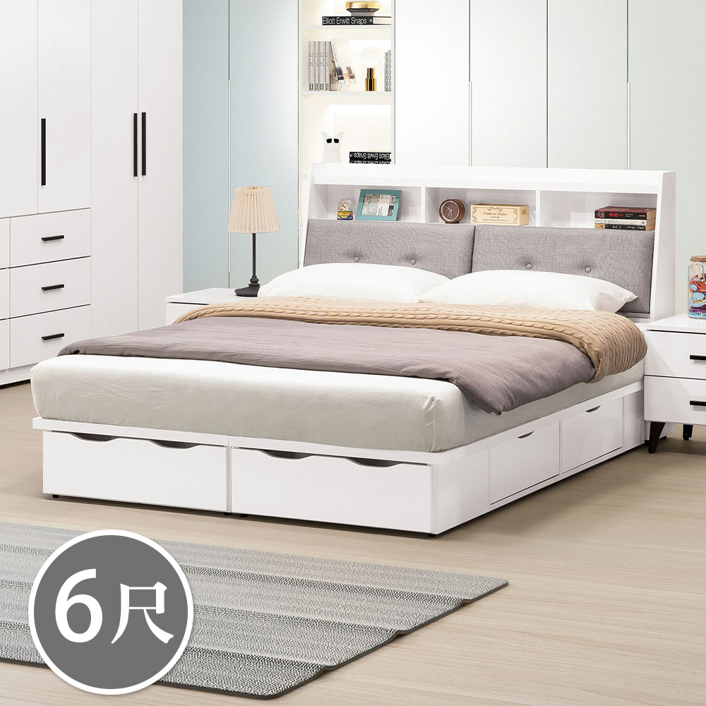 羅克莎白色6尺雙人加大抽屜床組(收納床頭箱+六抽收納床底-不含床墊)