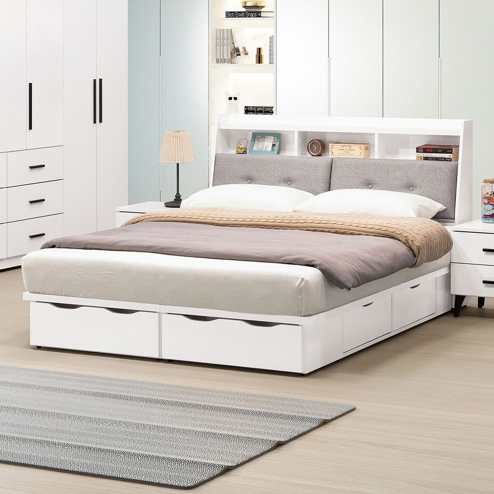 羅克莎白色6尺雙人加大抽屜床組(收納床頭箱+六抽收納床底-不含床墊)