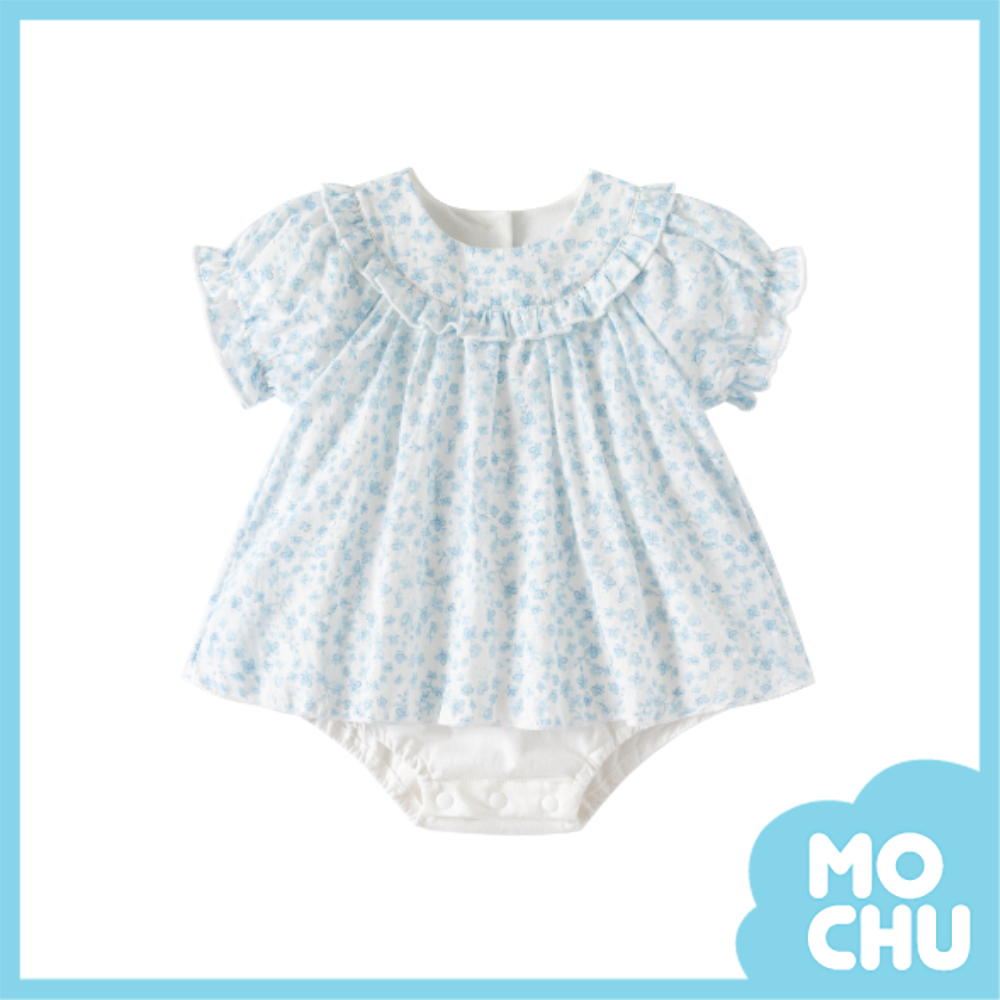 藍碎花花苞袖包屁連身裙