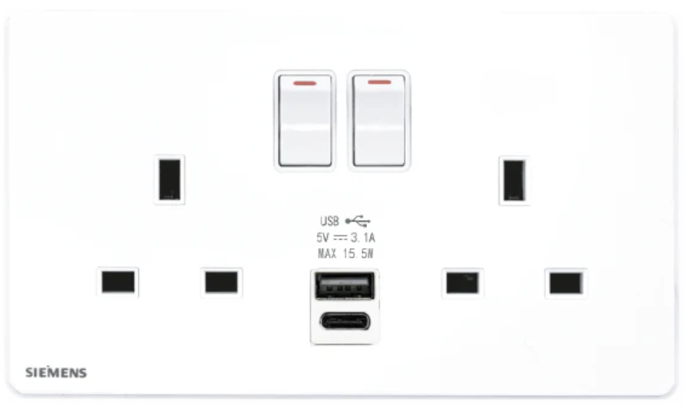 西門子 DELTA®arina 13A 雙位開關插座(帶USB＋TYPE C插頭)(冰川白/玫瑰金/永恆灰/香檳金/型啞黑)
