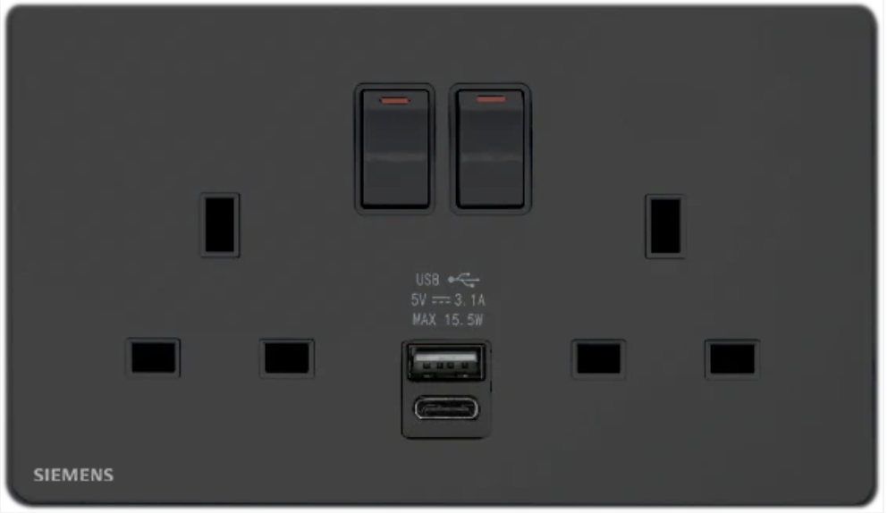 西門子 DELTA®arina 13A 雙位開關插座(帶USB＋TYPE C插頭)(冰川白/玫瑰金/永恆灰/香檳金/型啞黑)