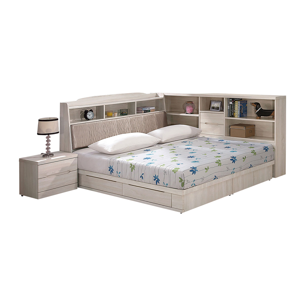 瑪瑞5尺多功能雙人床房間組-四件組(收納床頭箱+二抽床底+床頭櫃+床邊長櫃-不含床墊)