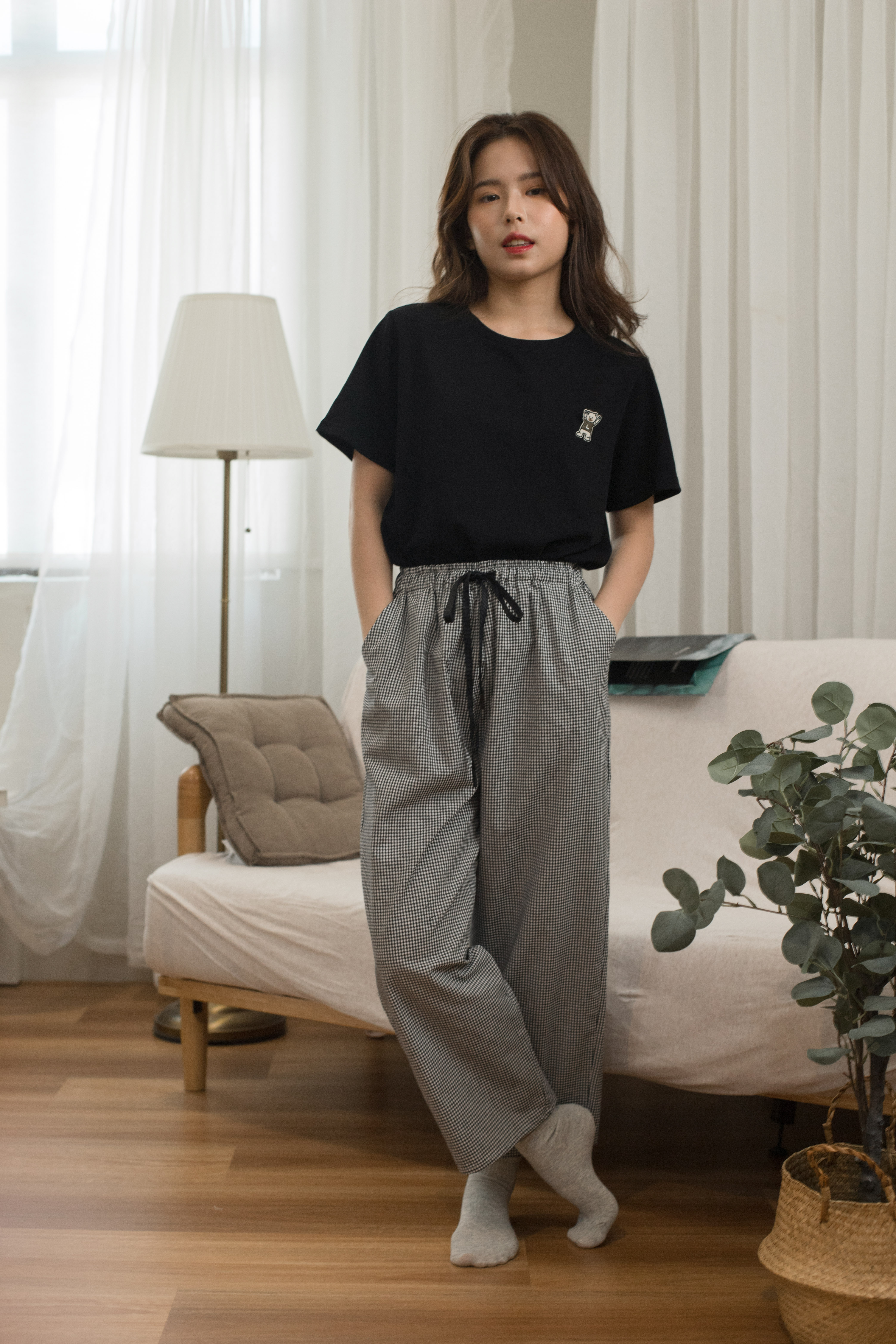 Cuddle Checkered Lounge Set Black  (Long)  - 2376SSBLK