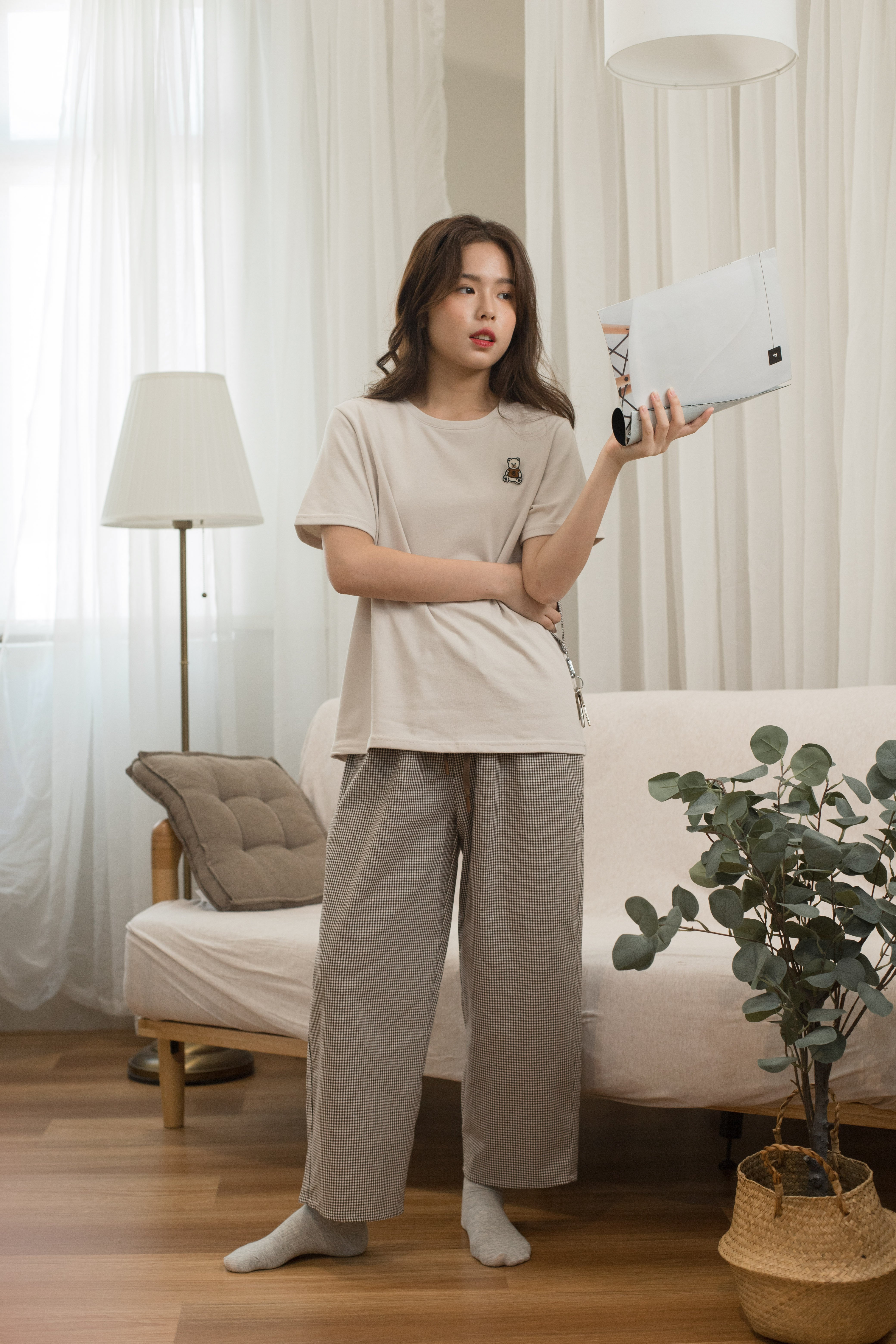 Cuddle Checkered Lounge Set Beige  (Long)  - 2376SSBEI