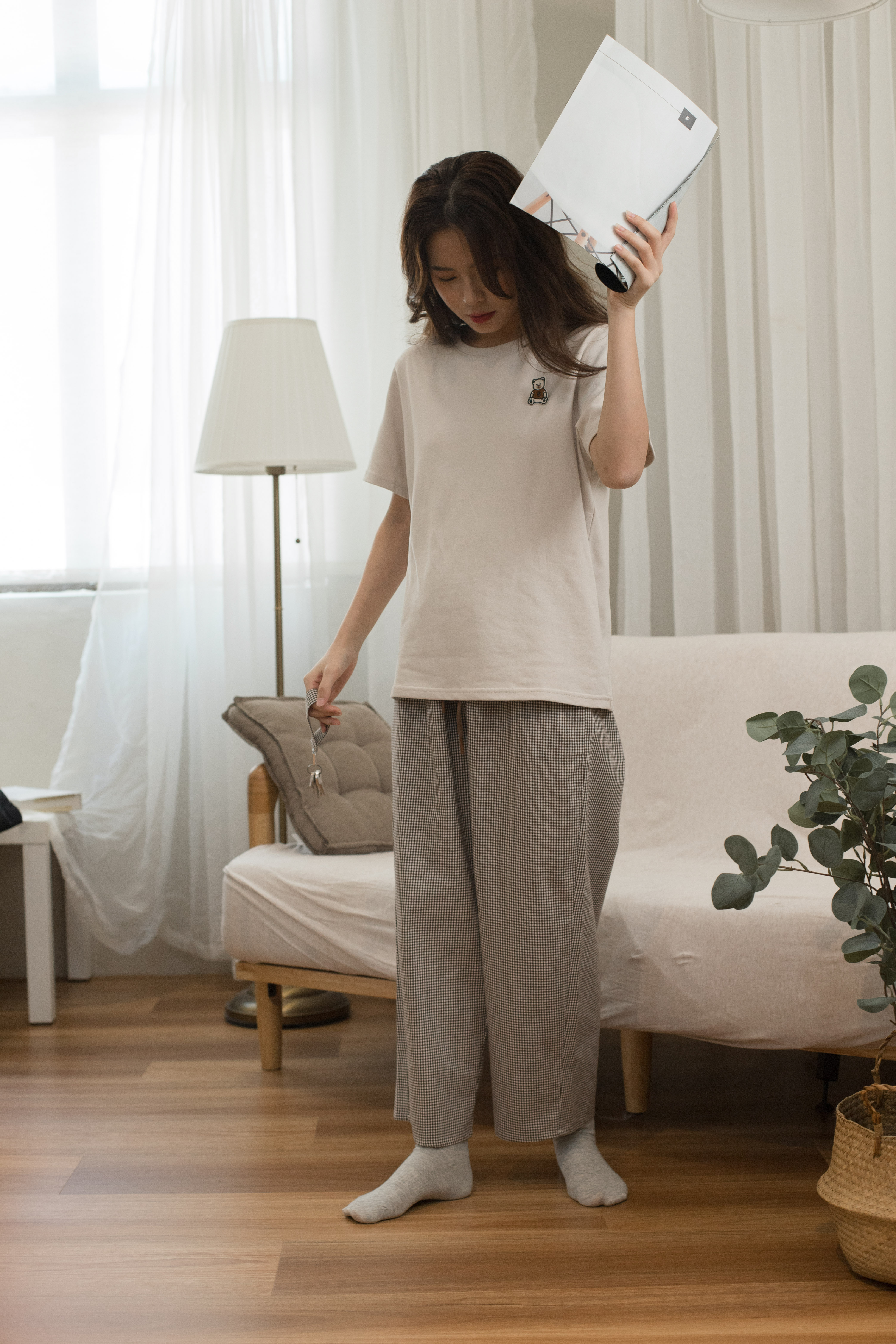 Cuddle Checkered Lounge Set Beige  (Long)  - 2376SSBEI