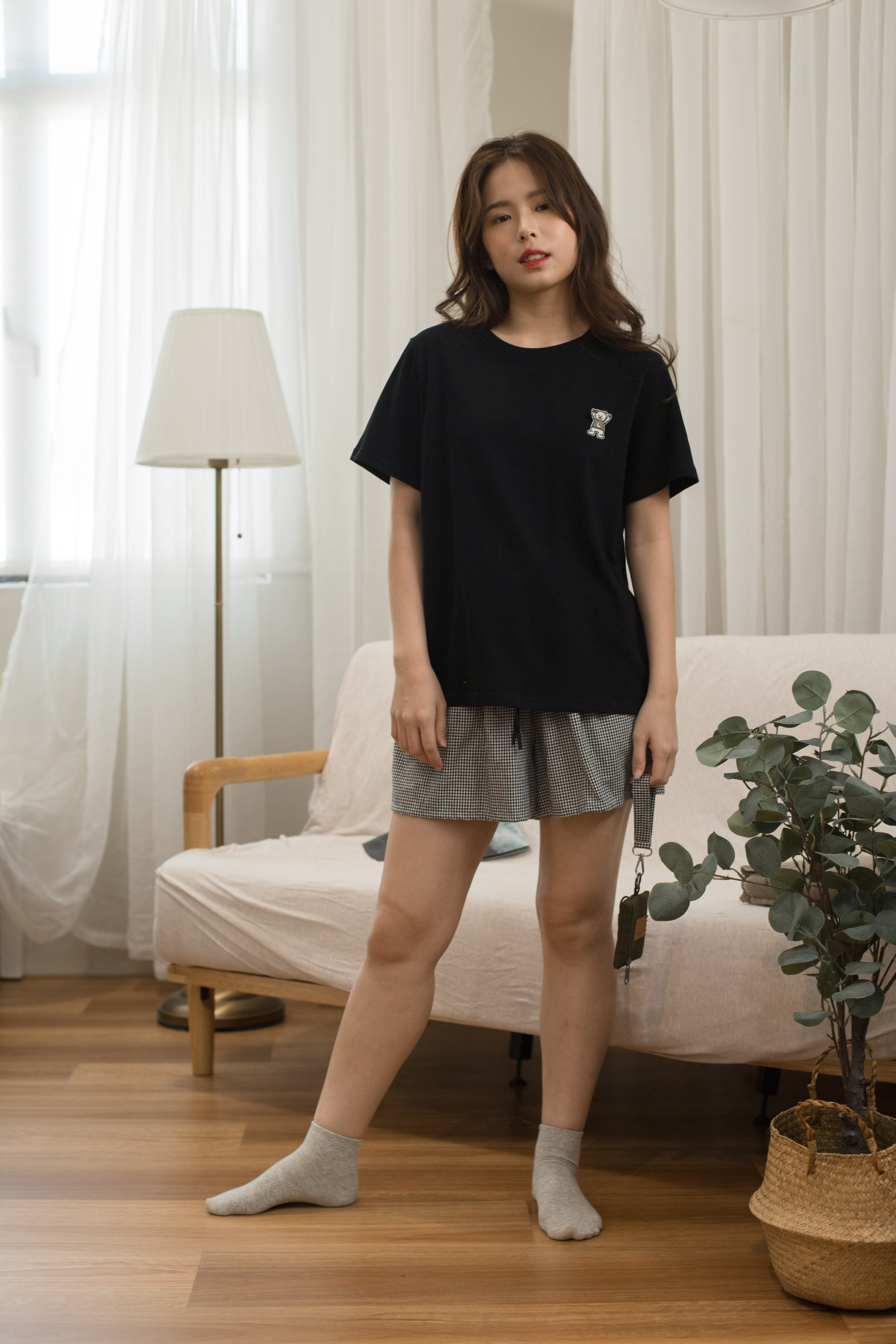 Cuddle Checkered Lounge Set Black (Short)-2375SSBLK