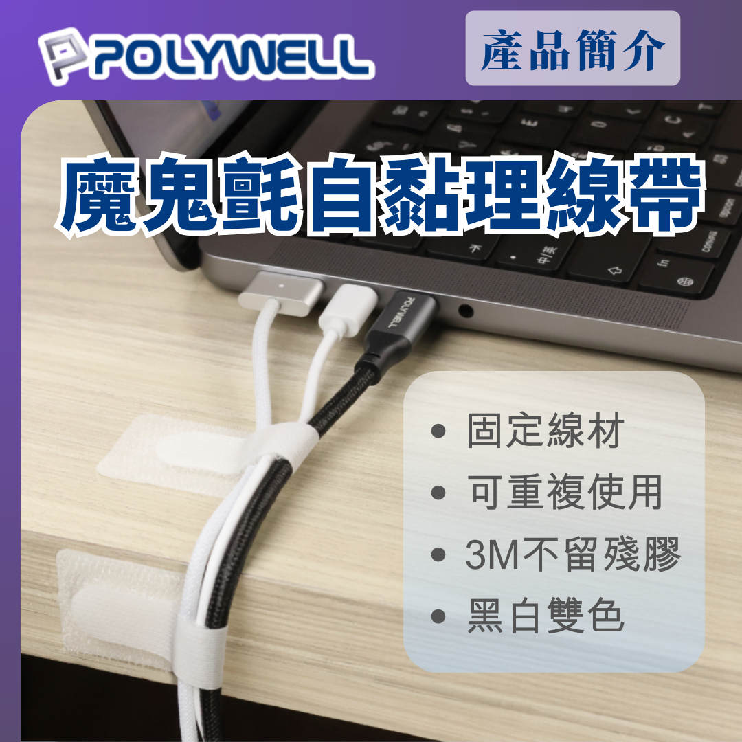 台灣現貨 POLYWELL 魔鬼氈壁掛貼 強力背膠 可黏於於牆面 適用於整理充電線 電源線 音響線 網路線