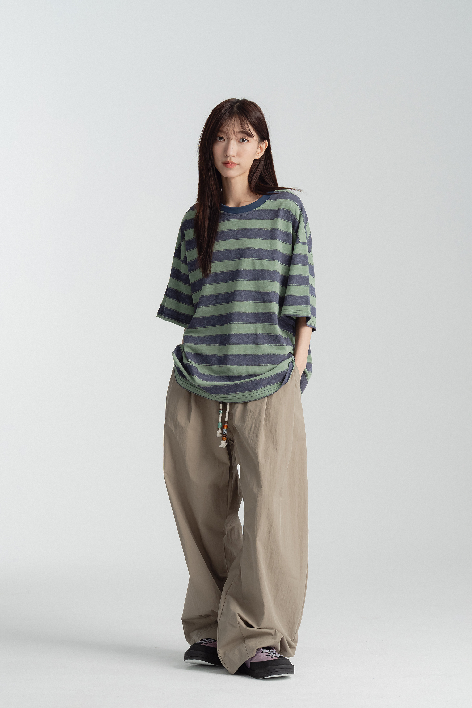 墨暈感綠藍條紋寬鬆短袖t