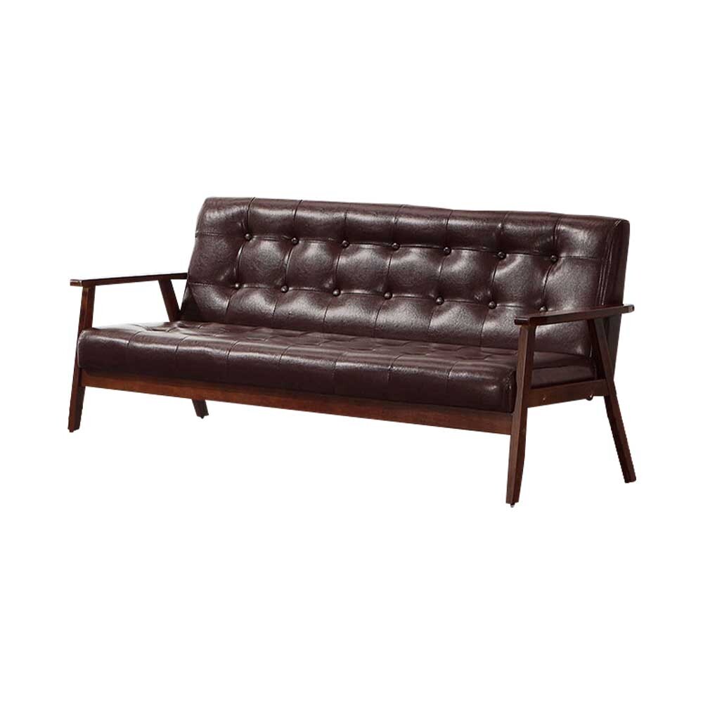 納森咖啡色皮革實木沙發三人座/沙發椅