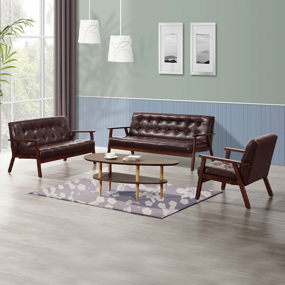 納森咖啡色皮革實木沙發組合-三件組(1人+2人+3人)