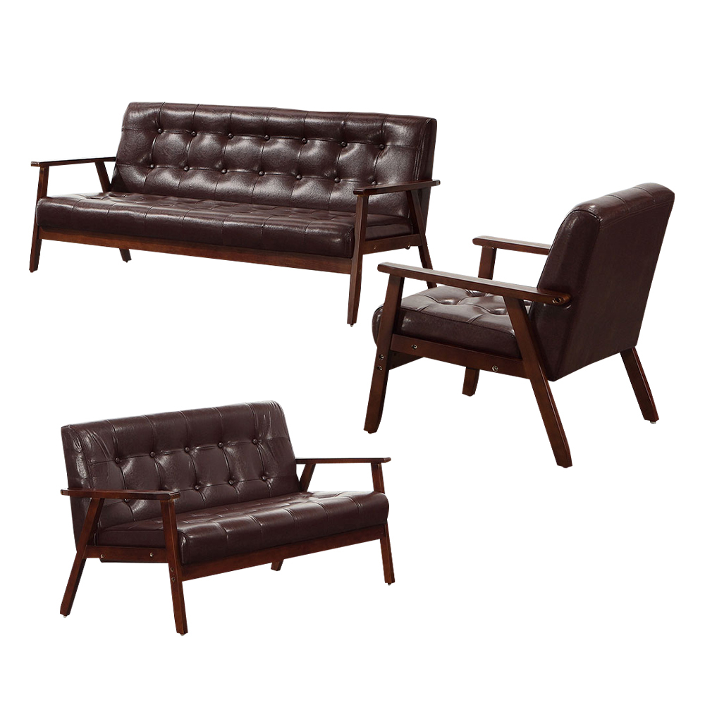 納森咖啡色皮革實木沙發組合-三件組(1人+2人+3人)