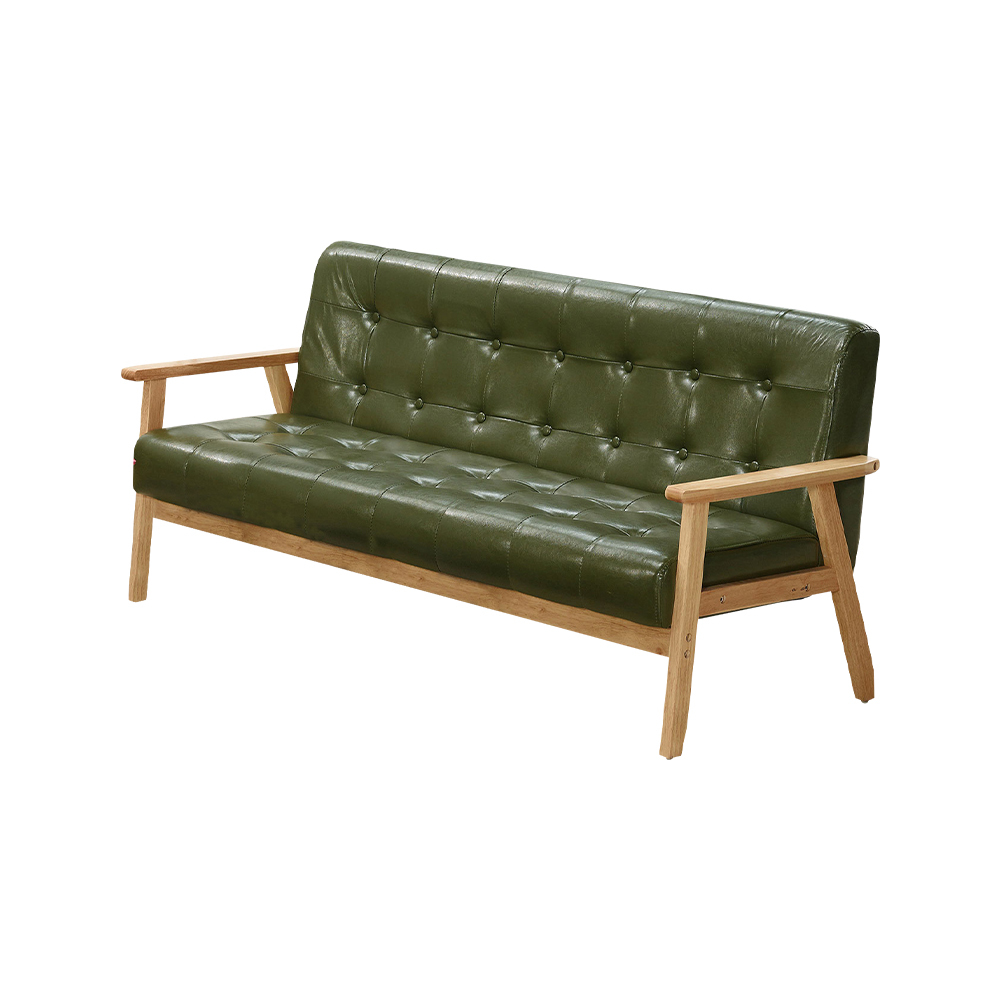 納森綠色皮革實木沙發三人座/沙發椅