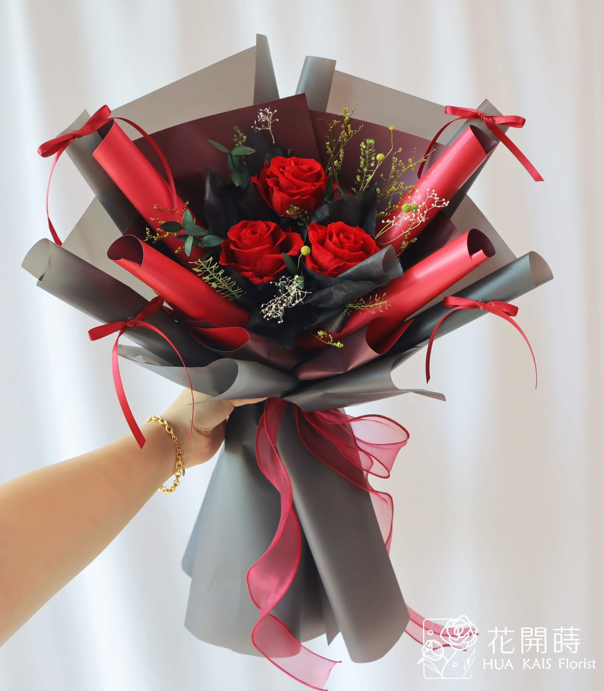 永生花束|赤戀詩L號永生玫瑰花束|告白花束|情人節花束|求婚花束|永生花|ins緞帶風|韓系花束