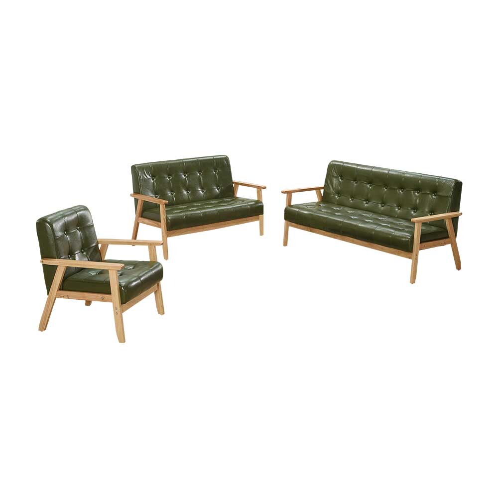 納森綠色皮革實木沙發組合-三件組(1人+2人+3人)
