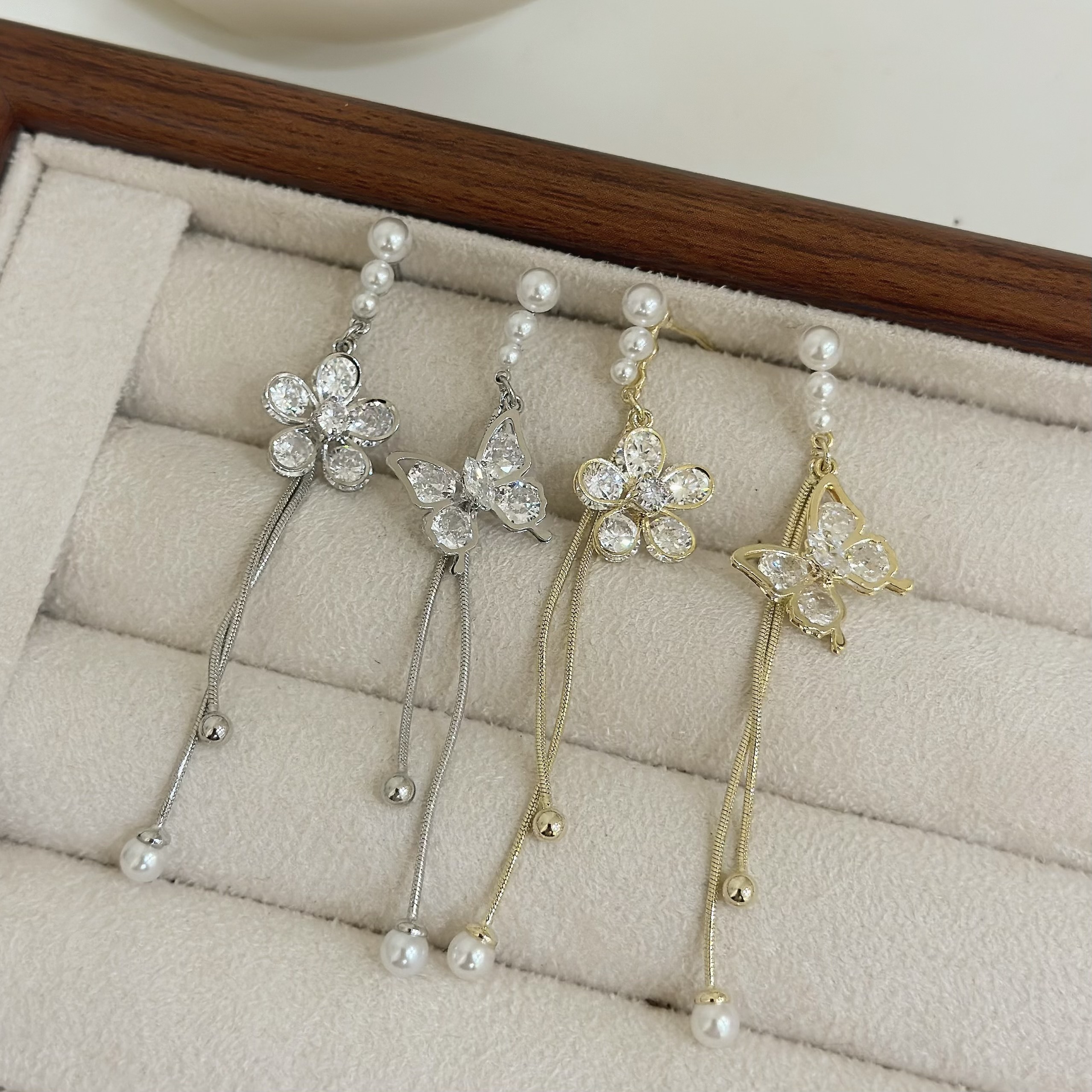 B510珍珠鋯石花朵蝴蝶不對稱垂吊