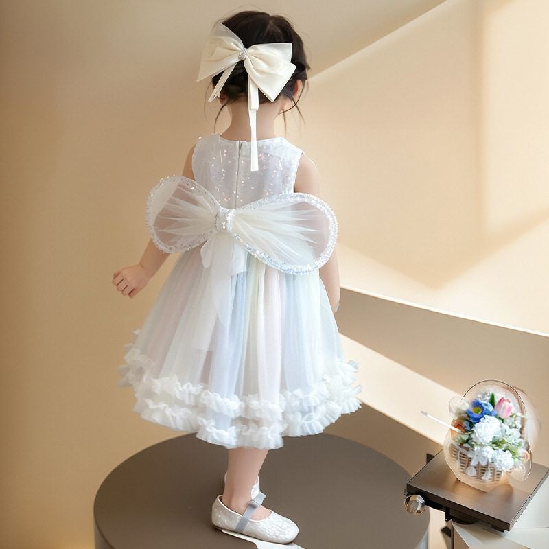 現貨出清 110cm 無袖亮面拼接彩色紗裙花邊洋裝 100-140cm 粉色