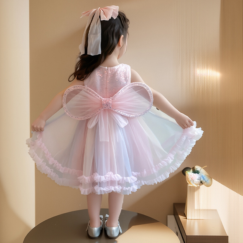 現貨出清 110cm 無袖亮面拼接彩色紗裙花邊洋裝 100-140cm 粉色