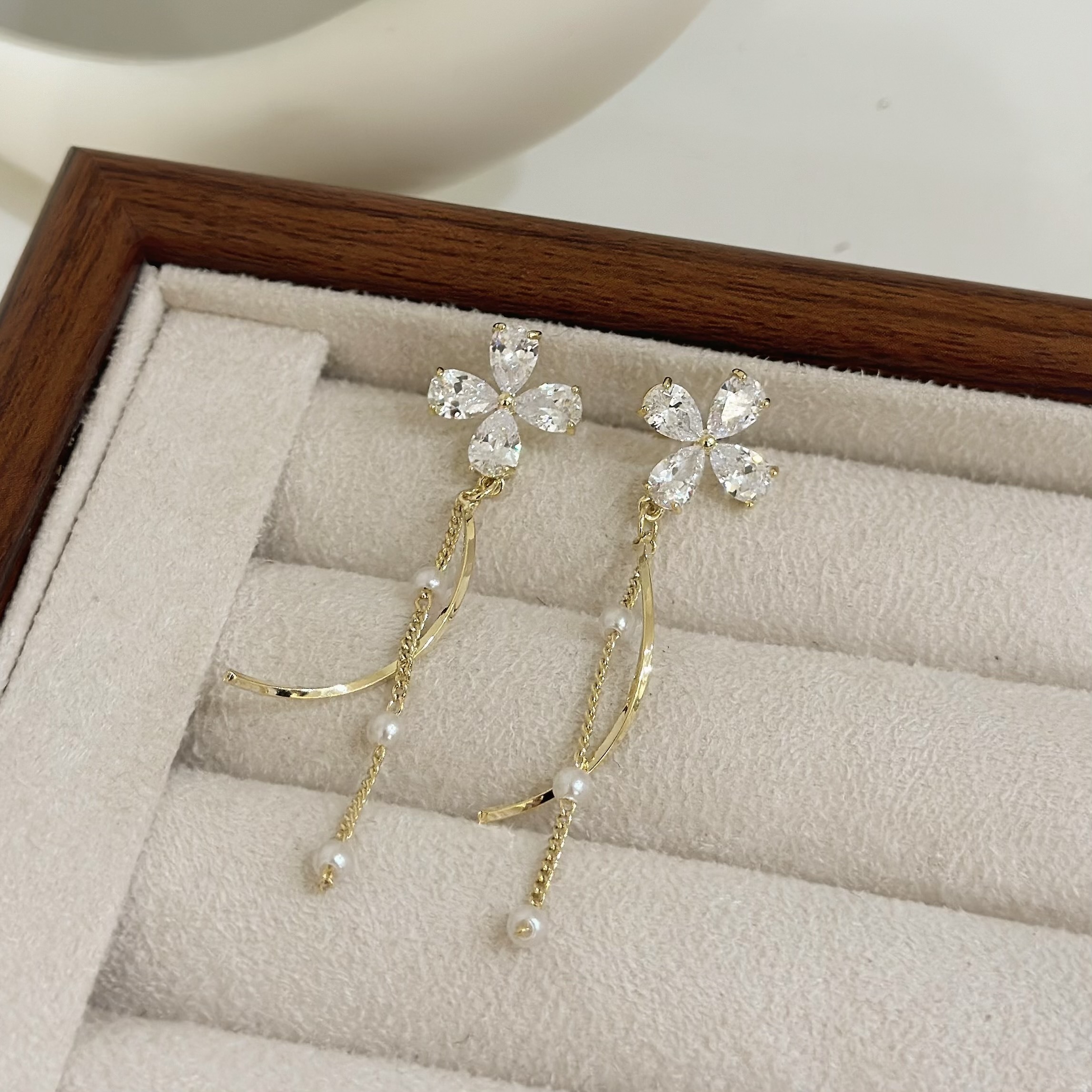 B525鋯石花朵珍珠波浪垂吊