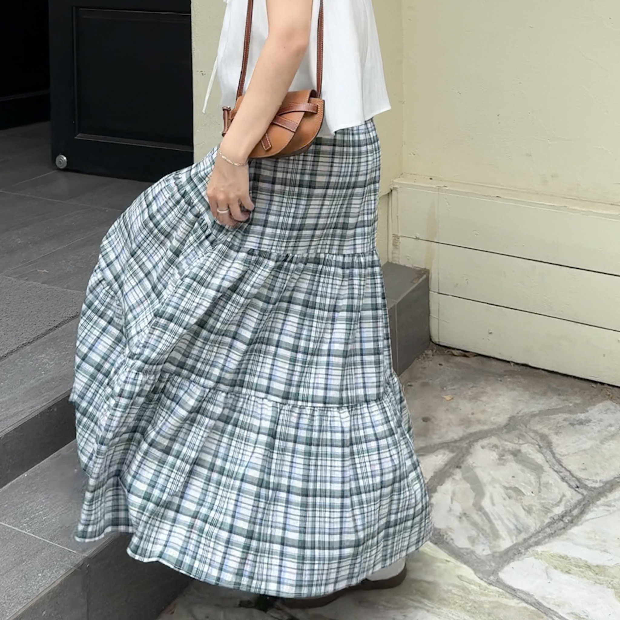 G05推薦推薦美式復古半甜蛋糕長裙(綠格紋)