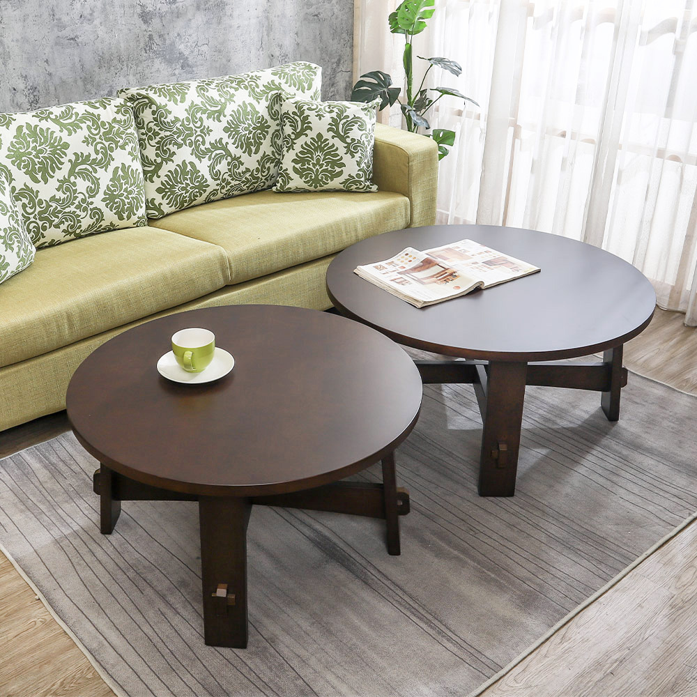 諾塔設計造型款圓形實木大茶几組合-胡桃色(3尺茶几+2.7尺茶几)