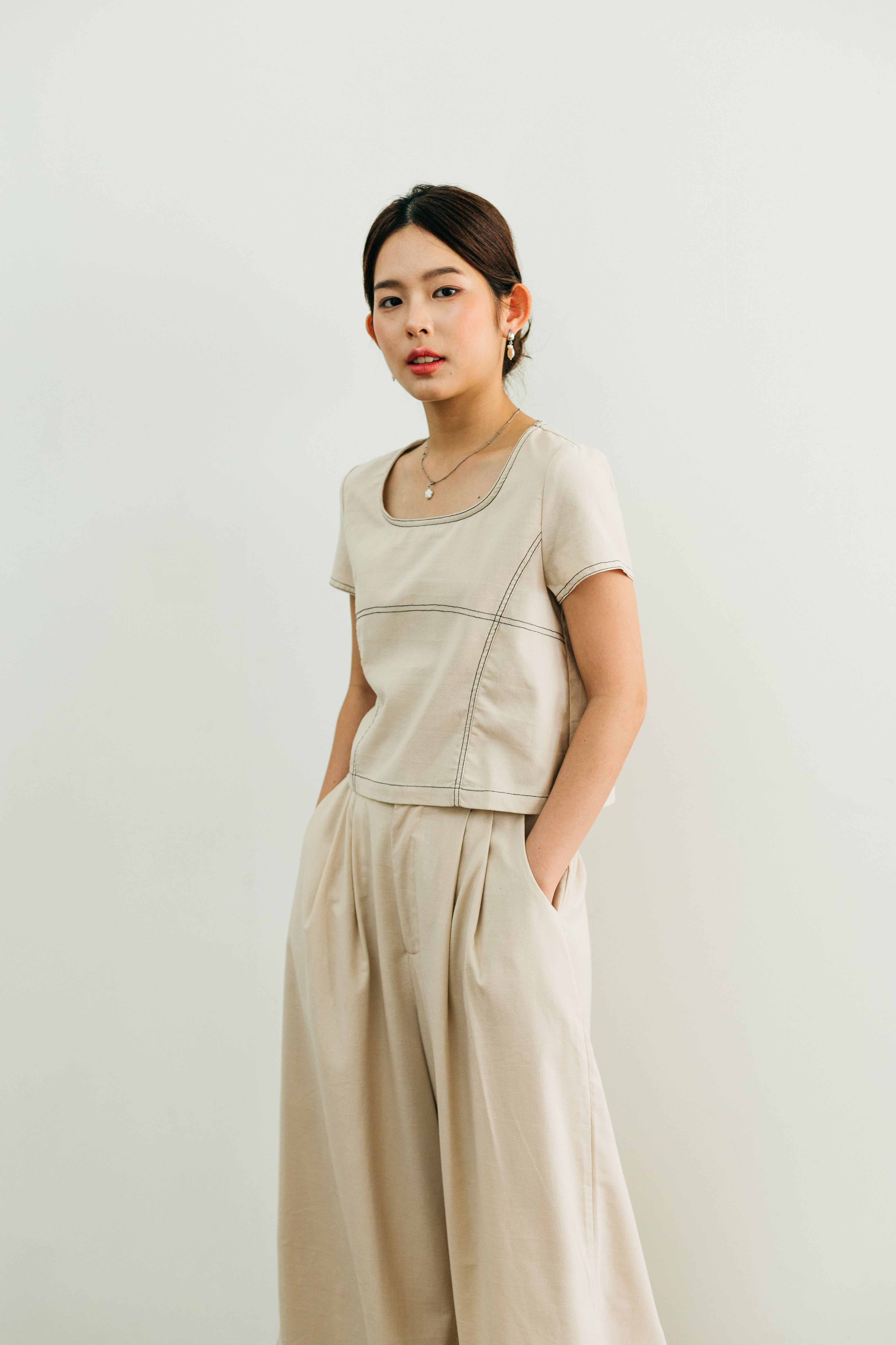 Marielle Stitchline Top Beige -2377BSBEI