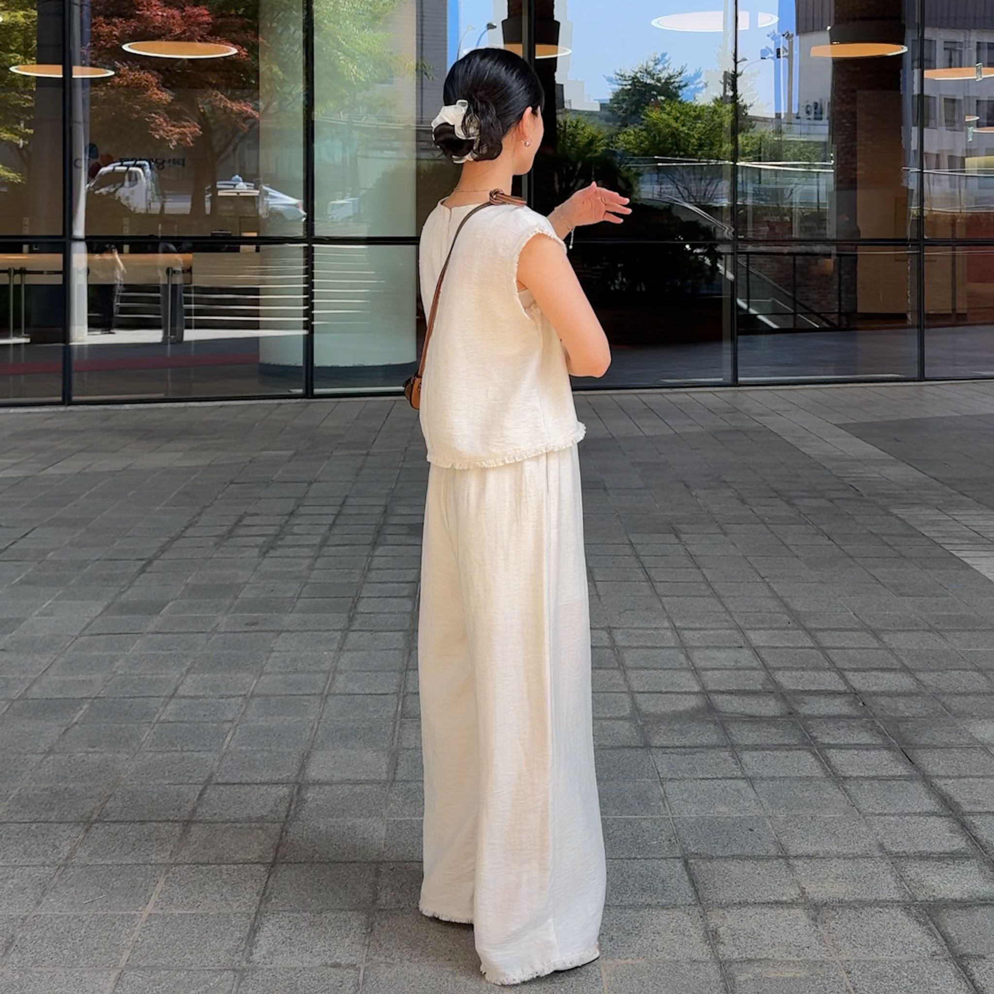 G10擊中闆娘的審美!Rayon微度假棉麻抽鬚收邊背心褲SET(燕麥)