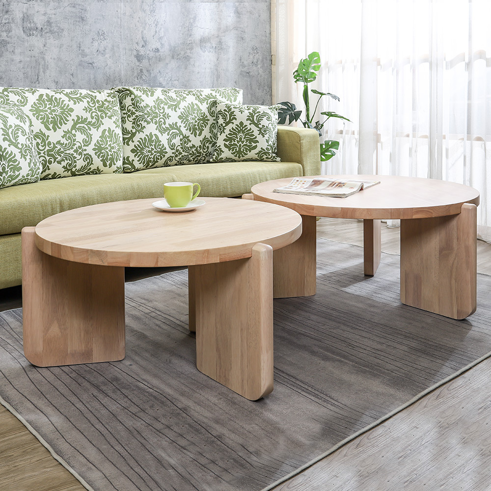 西里設計造型款圓形實木大茶几組合-鄉村木紋色(3尺茶几+2.7尺茶几)