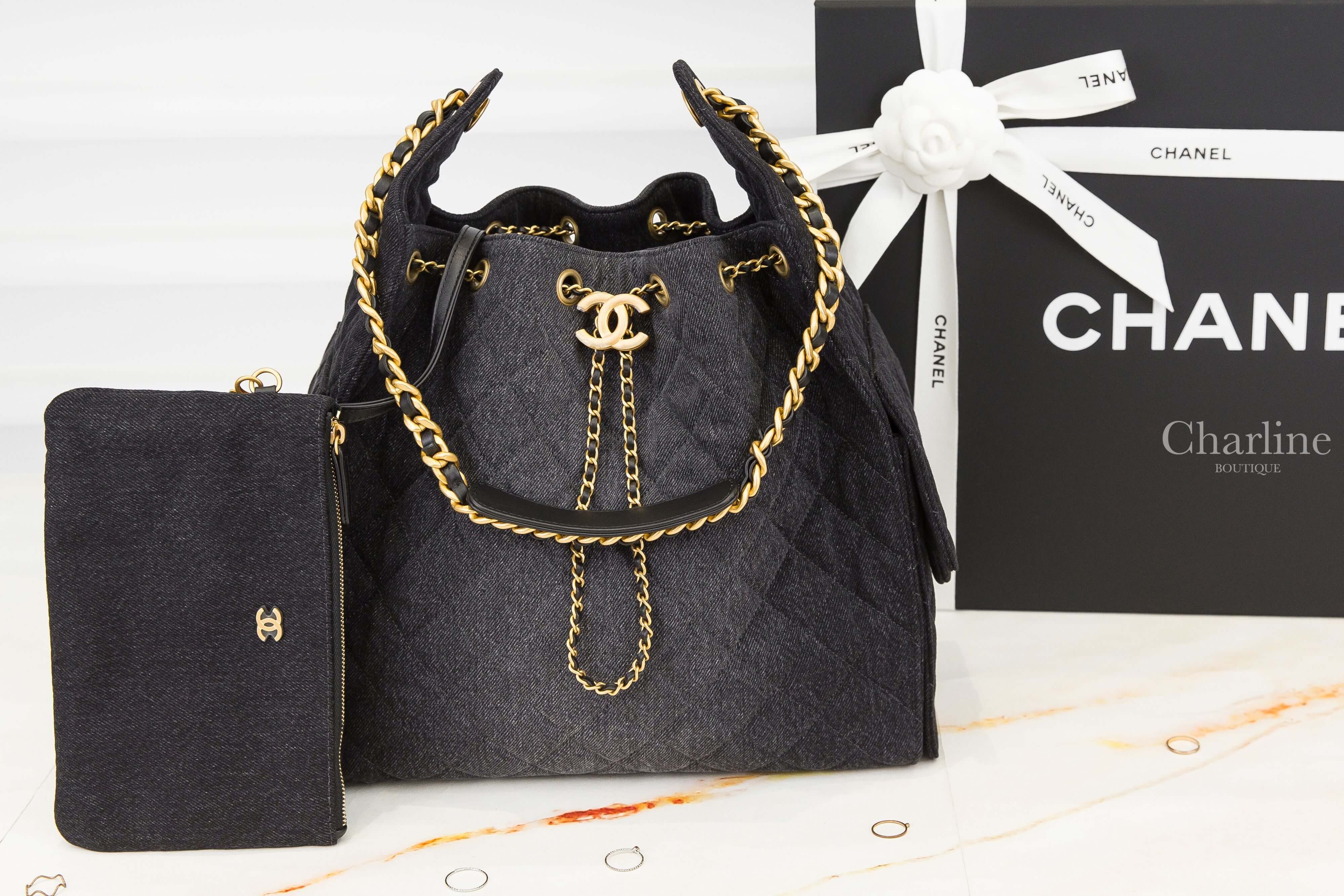 Chanel Chanel 25 Medium Handbag 漸層黑色金CC金鏈水洗丹寧布菱格紋側邊口袋中型束口手提肩背包-Charline Boutique 精品代購
