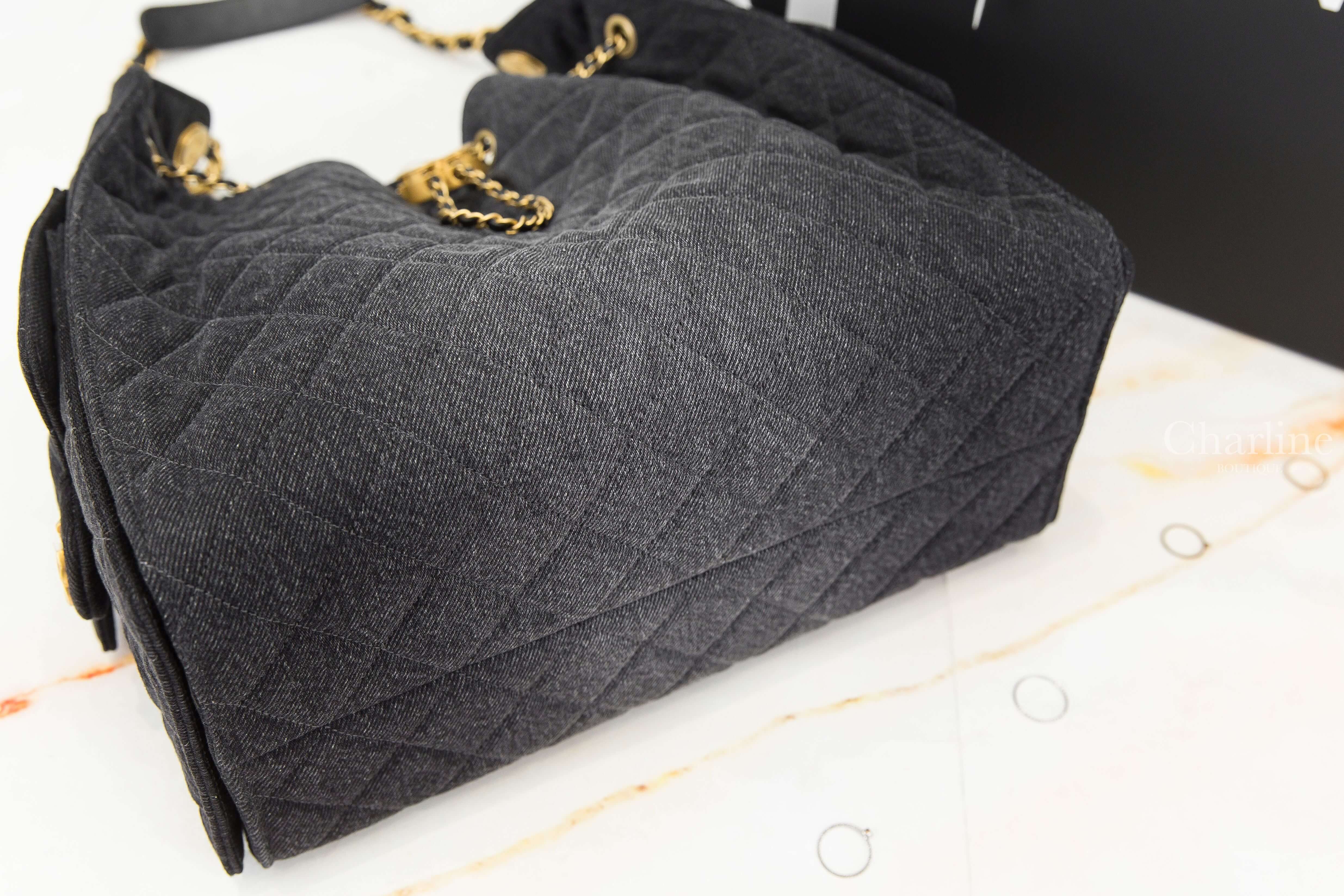 Chanel Chanel 25 Medium Handbag 漸層黑色金CC金鏈水洗丹寧布菱格紋側邊口袋中型束口手提肩背包-Charline Boutique 精品代購