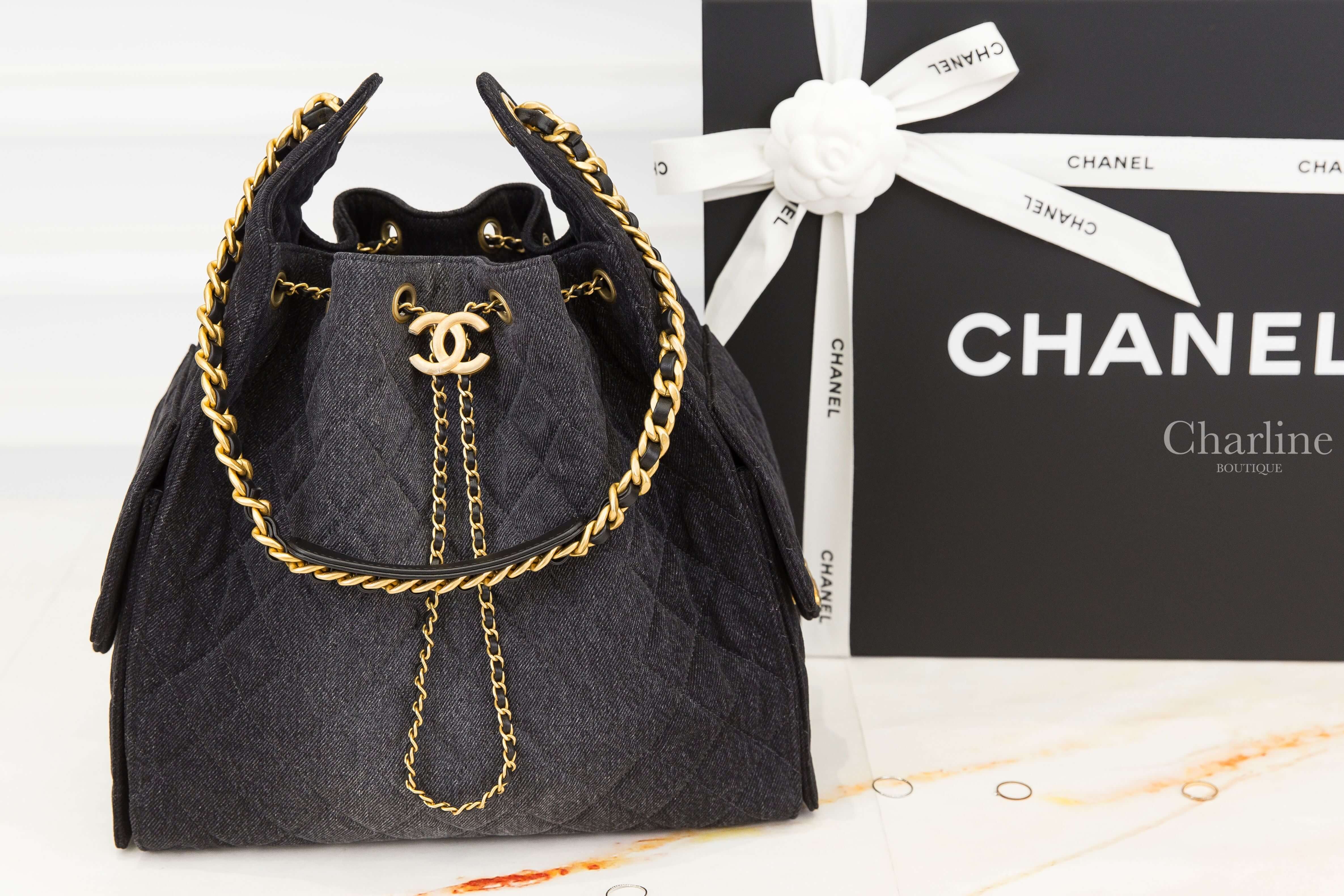 Chanel Chanel 25 Medium Handbag 漸層黑色金CC金鏈水洗丹寧布菱格紋側邊口袋中型束口手提肩背包-Charline Boutique 精品代購