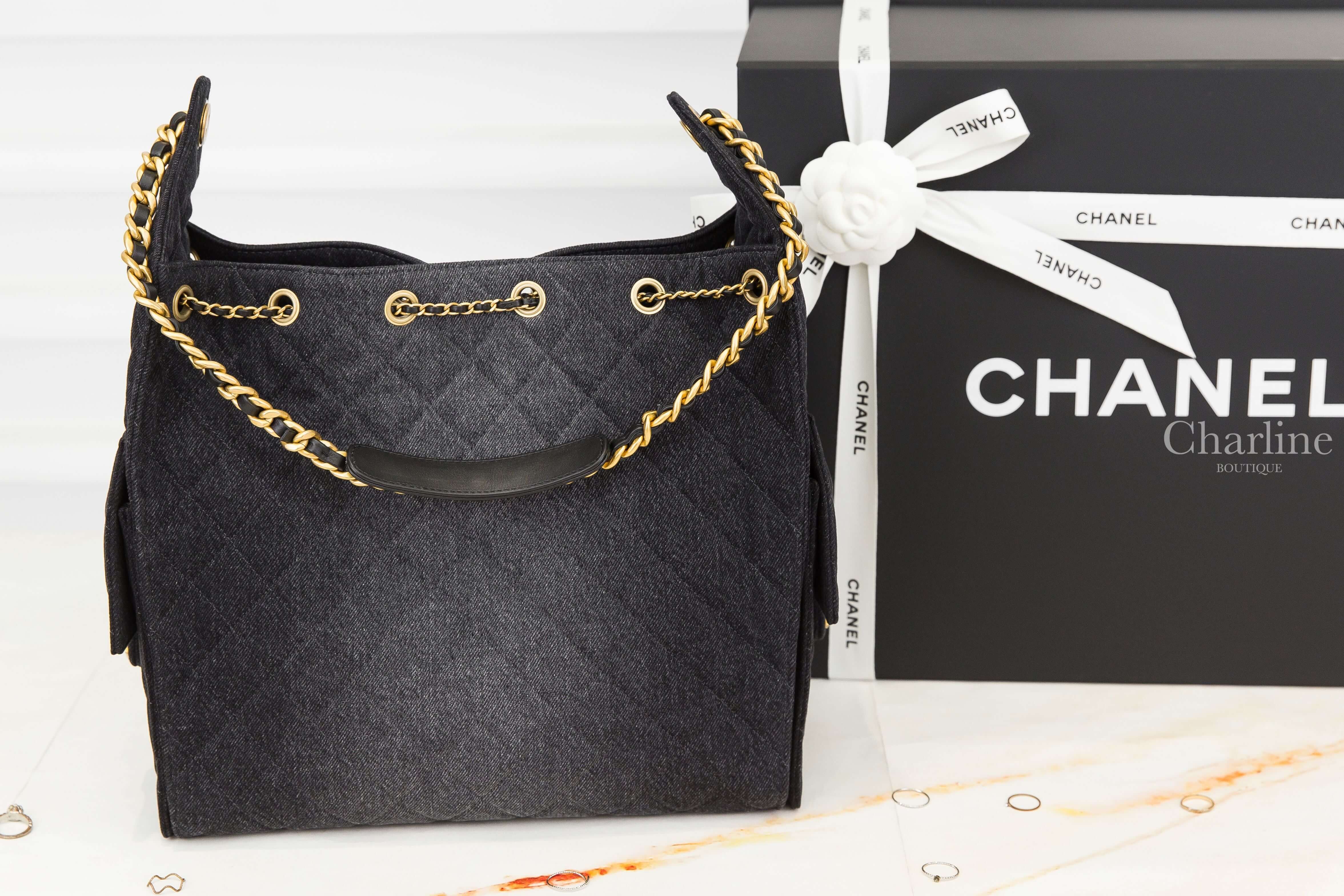 Chanel Chanel 25 Medium Handbag 漸層黑色金CC金鏈水洗丹寧布菱格紋側邊口袋中型束口手提肩背包-Charline Boutique 精品代購