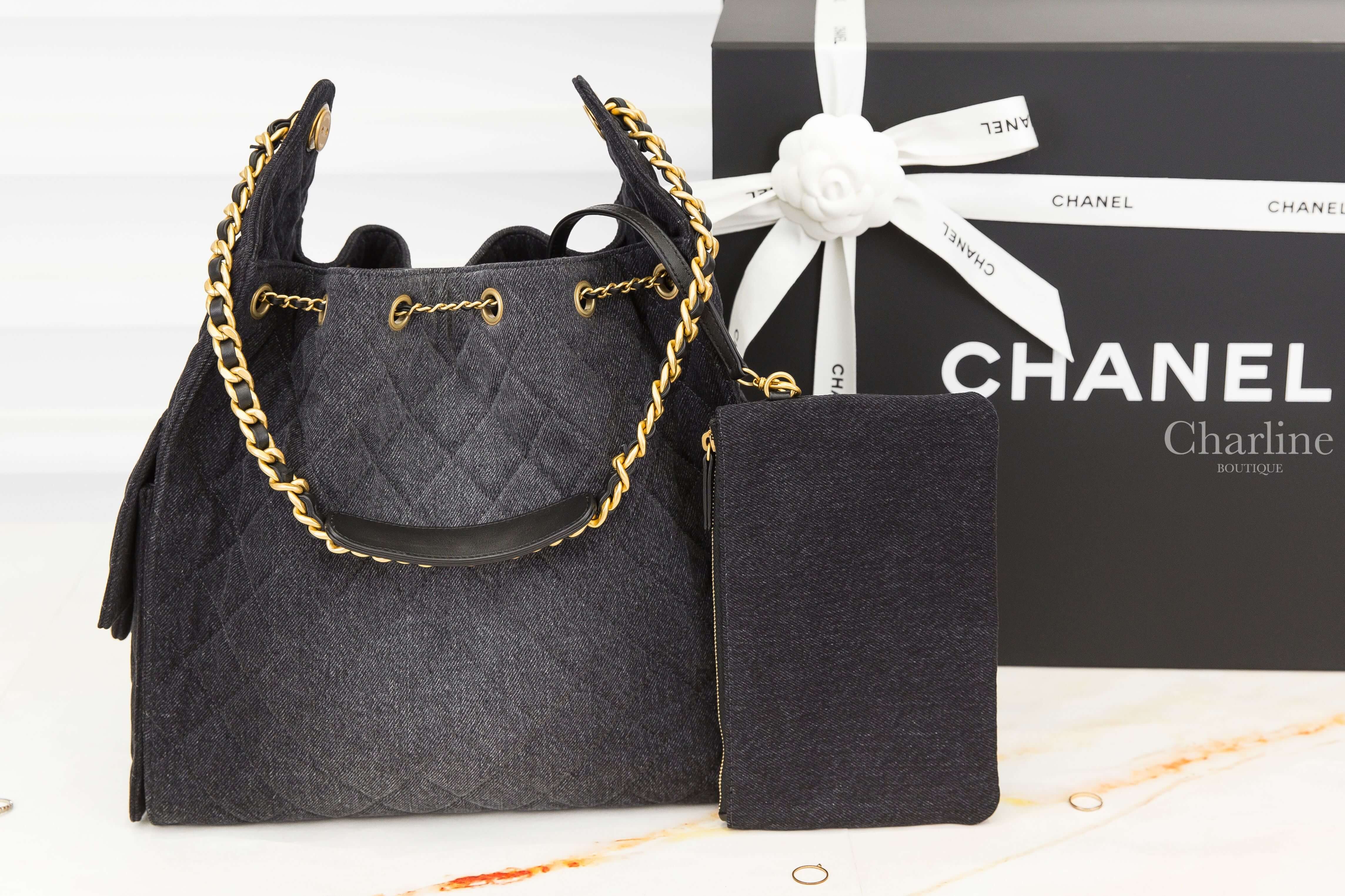 Chanel Chanel 25 Medium Handbag 漸層黑色金CC金鏈水洗丹寧布菱格紋側邊口袋中型束口手提肩背包-Charline Boutique 精品代購