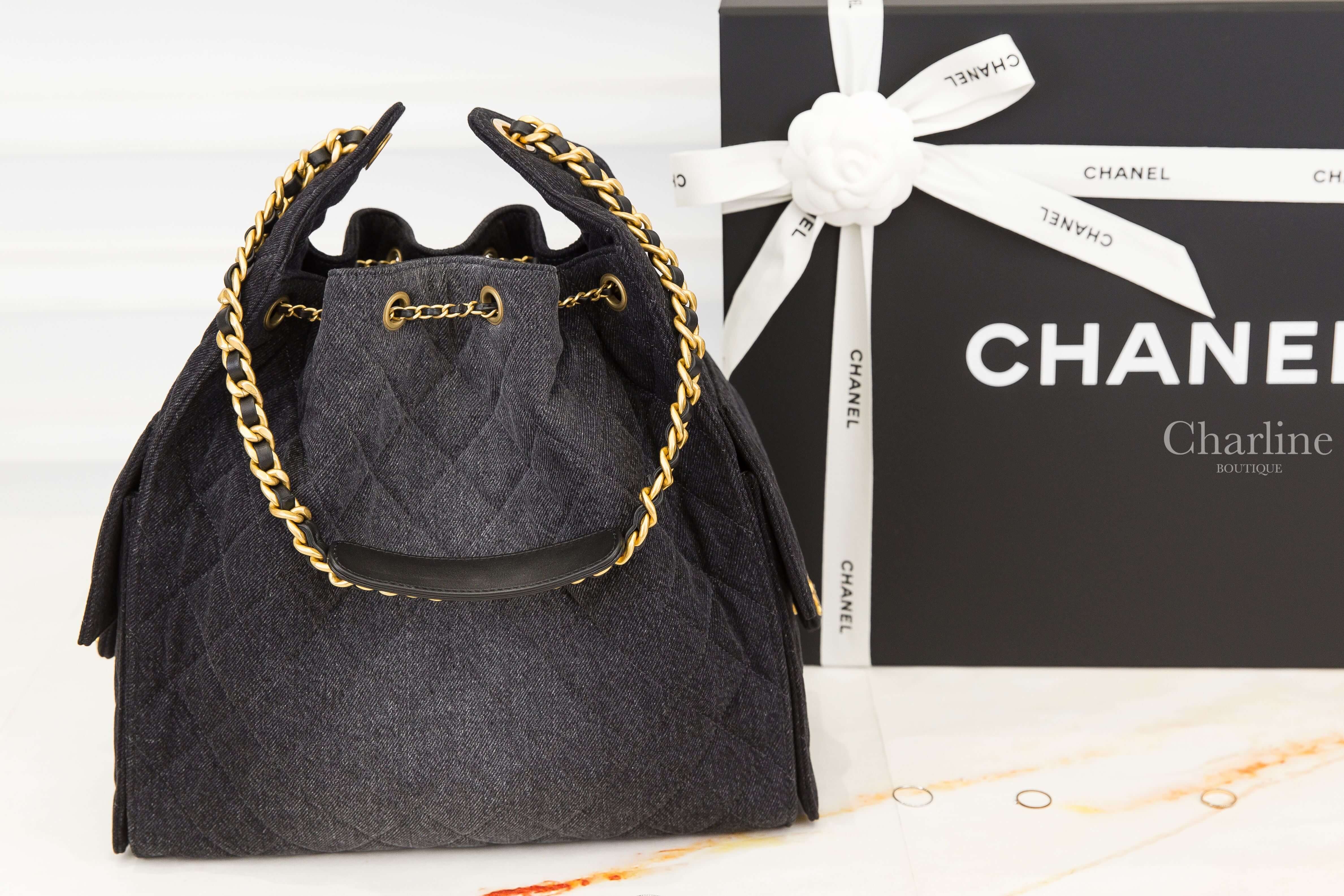 Chanel Chanel 25 Medium Handbag 漸層黑色金CC金鏈水洗丹寧布菱格紋側邊口袋中型束口手提肩背包-Charline Boutique 精品代購