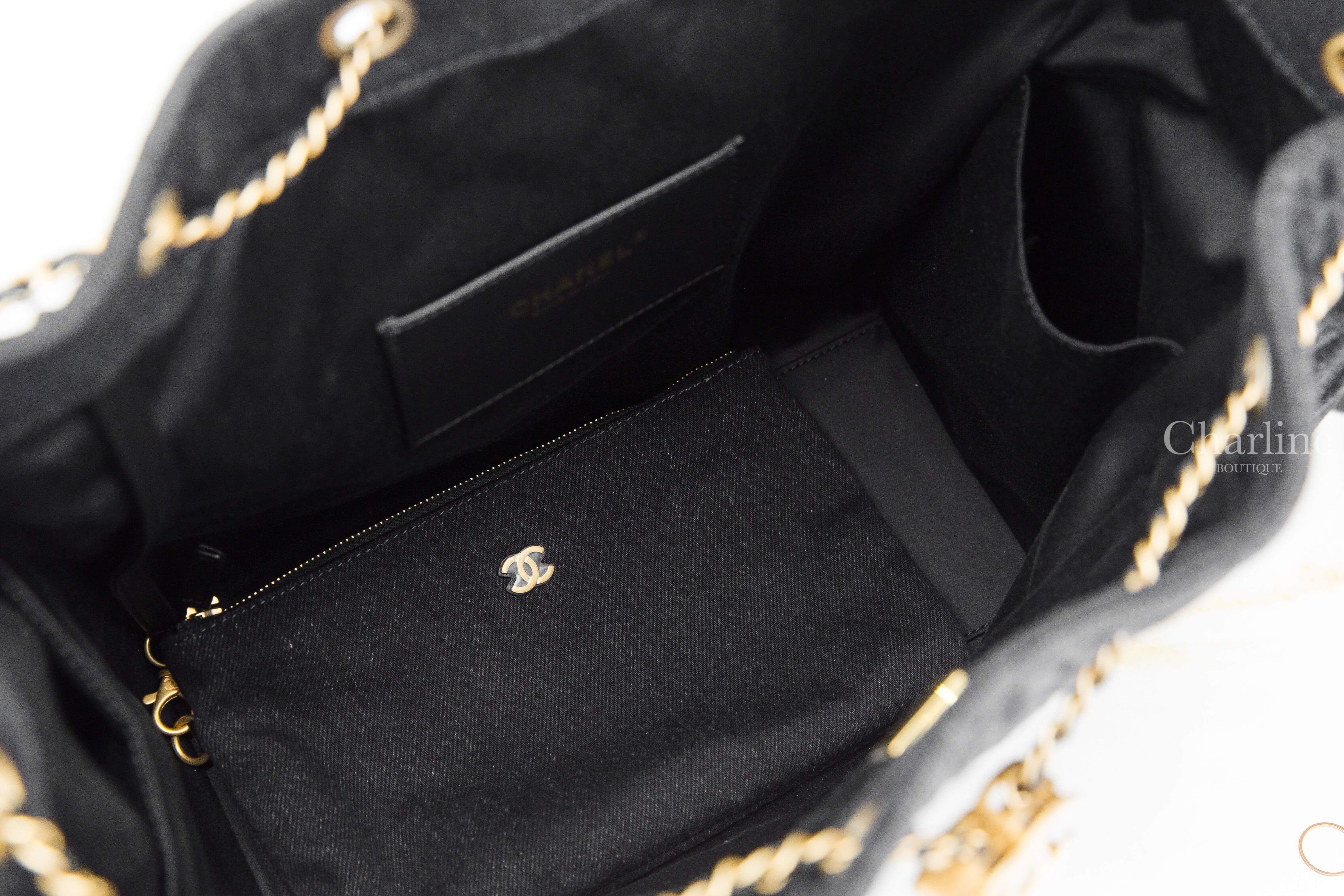 Chanel Chanel 25 Medium Handbag 漸層黑色金CC金鏈水洗丹寧布菱格紋側邊口袋中型束口手提肩背包-Charline Boutique 精品代購
