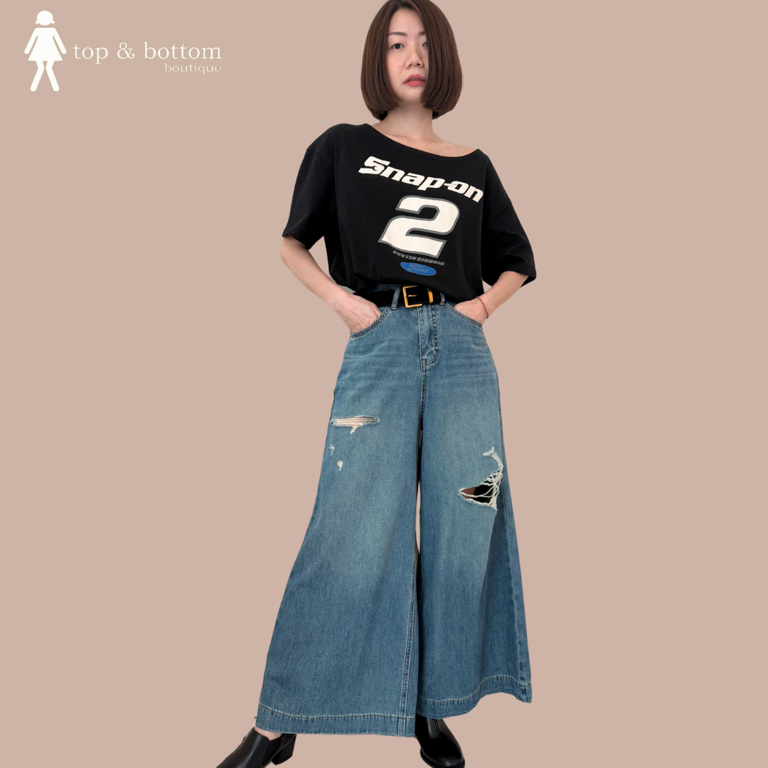 DENIM RIPPED WIDE LEG JEANS