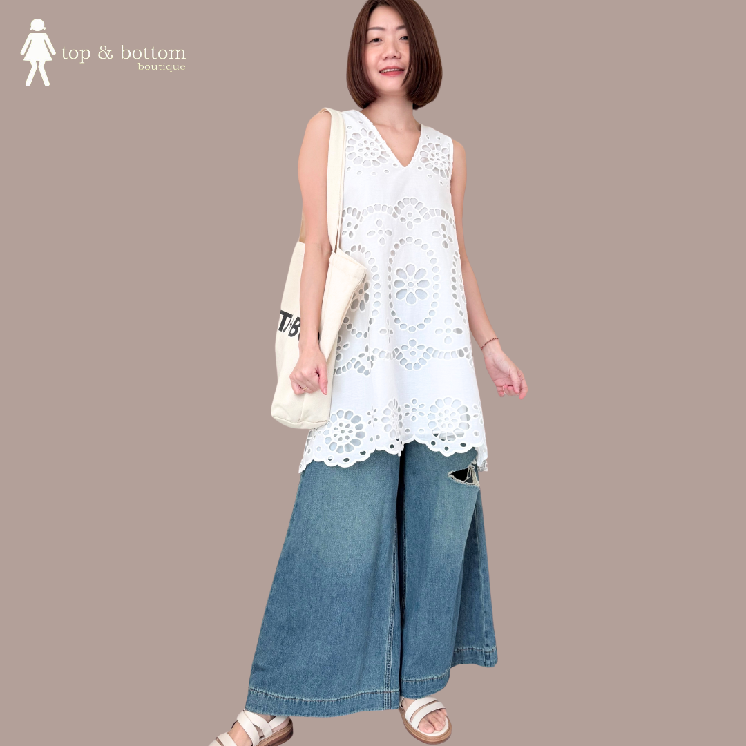 DENIM RIPPED WIDE LEG JEANS