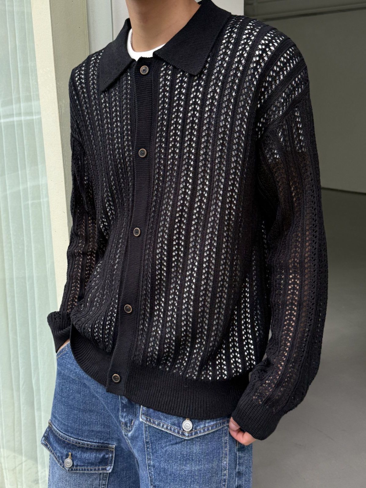 淨色反領開胸針織線外套 OUR ROOM-129JK