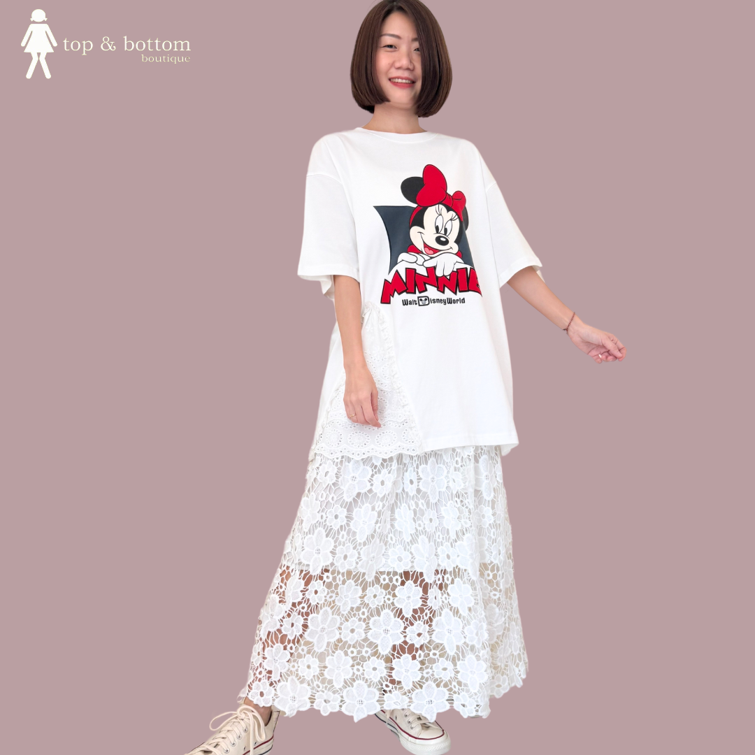 SHORT SLEEVE MICKEY LONG TEE WITH LACE SLIT