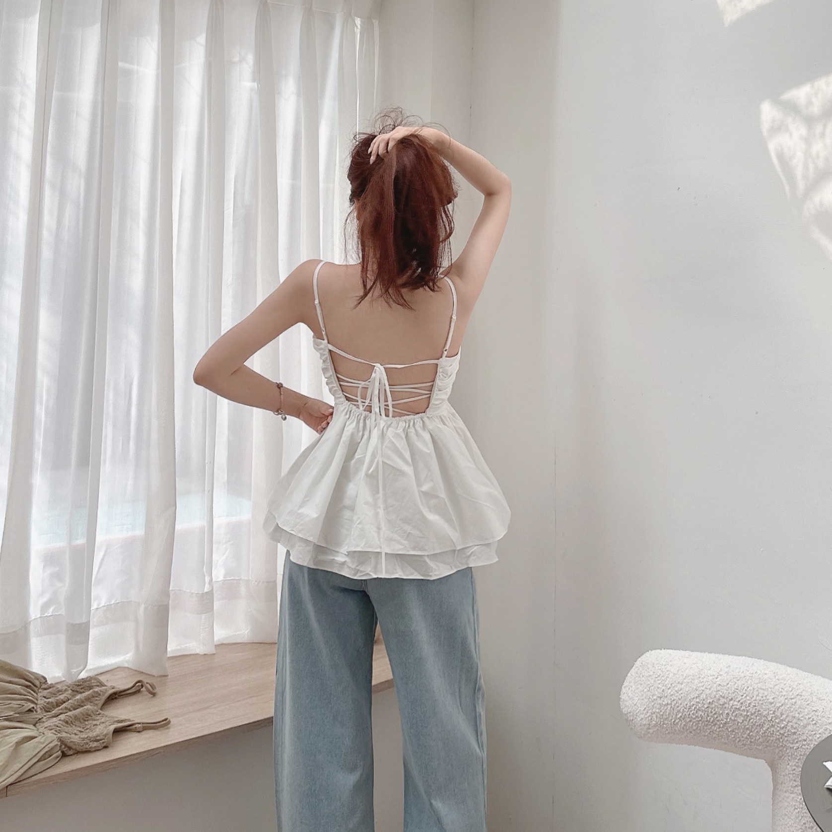 甜美荷葉露背吊帶背心/二色