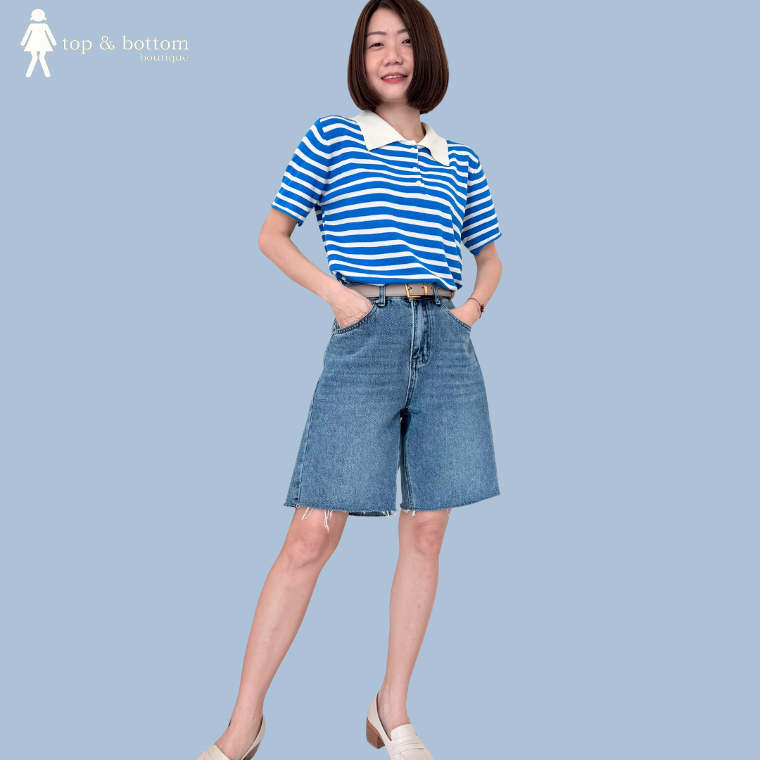 SHORT SLEEVE STRIPED COLLARED KNIT BLOUSE