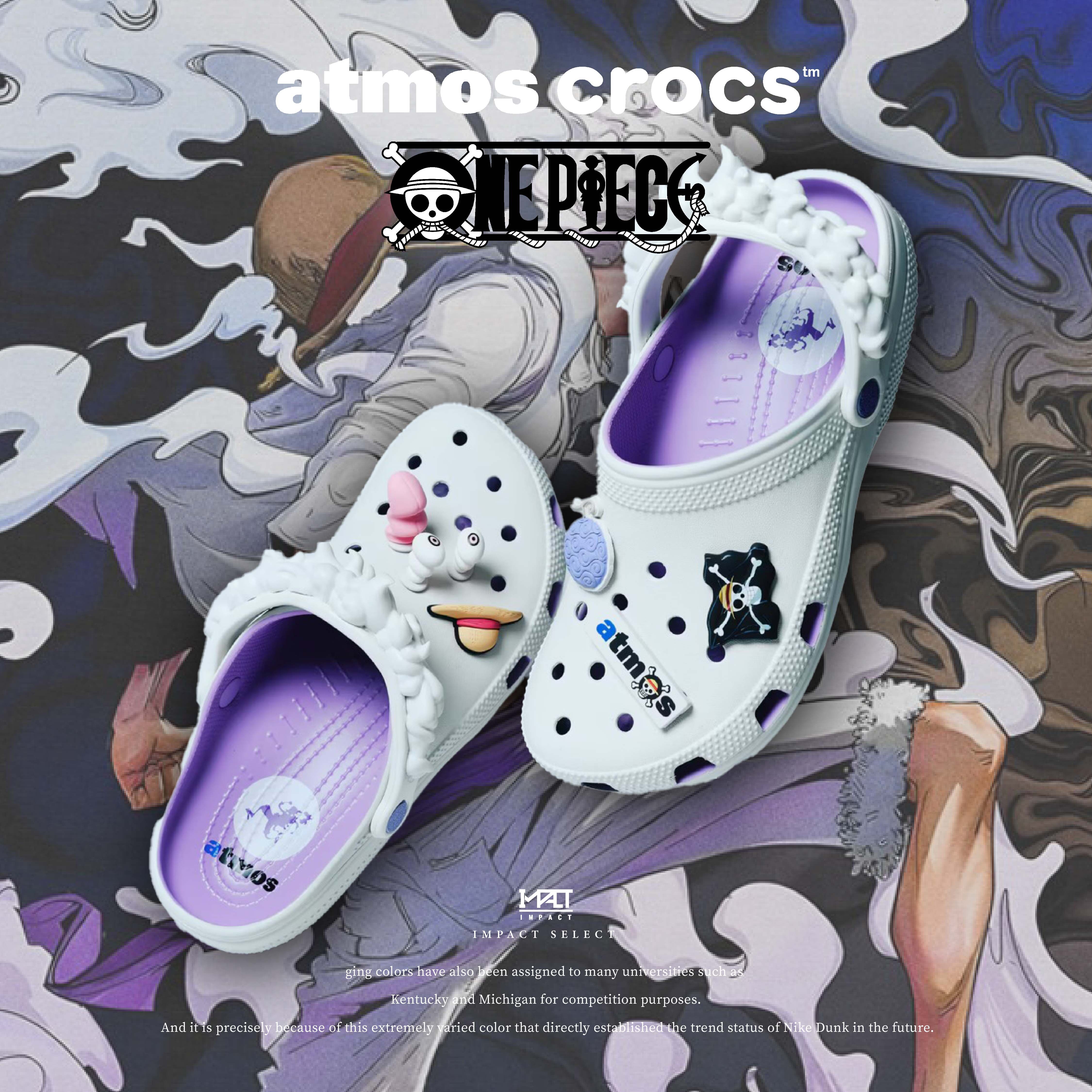 《航海王》x atmos x Crocs 三方聯名  Classic Clog 魯夫五檔 白紫 洞洞鞋 211181-5PR
